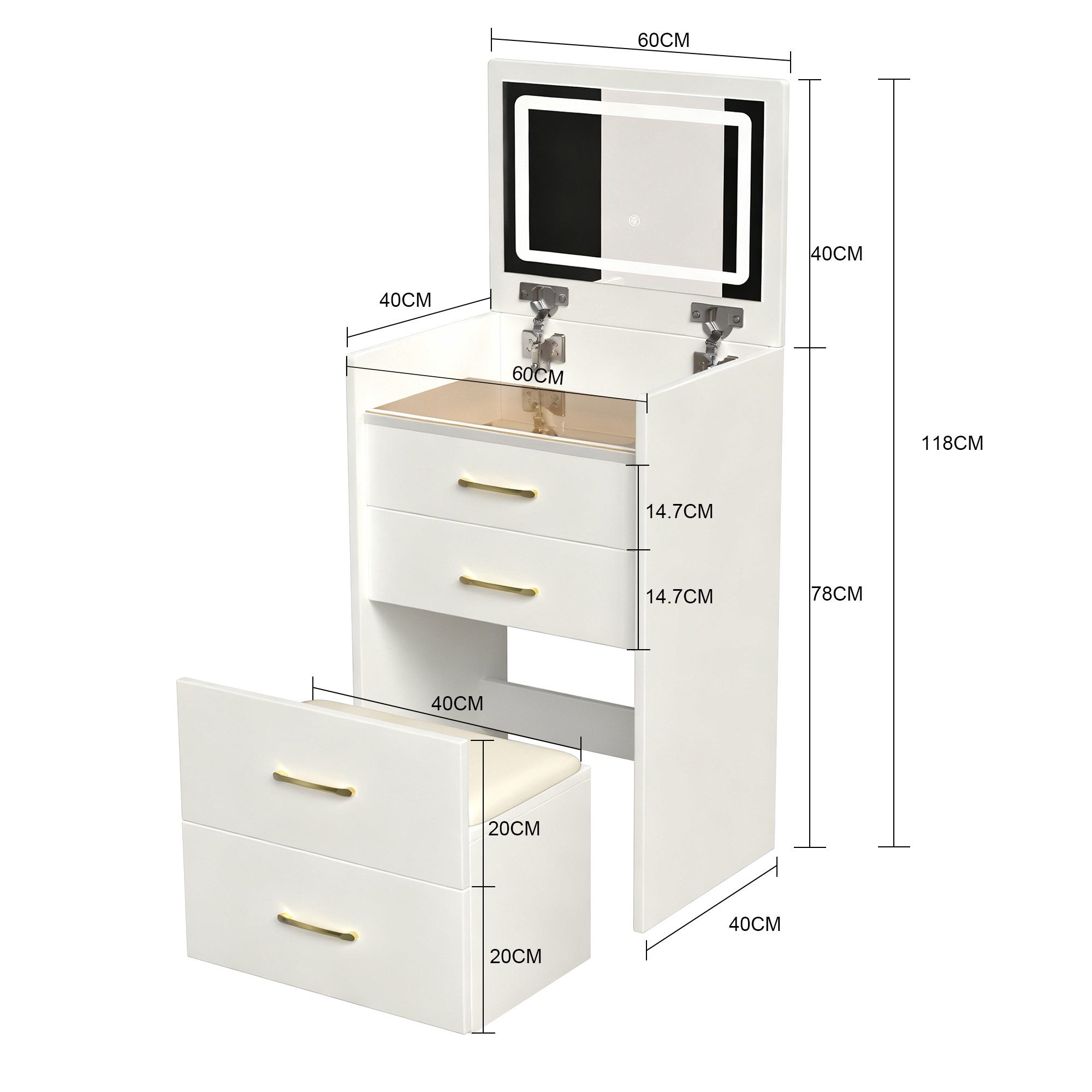 KLAM HOME Schminktisch 3-in-1 Schminktisch Weiß/Walnuss mit Glasplatte, nutzbar als Sideboard (Kompakter Kosmetiktisch mit 3 Schubladen & platzsparendem Hocker) – Bild 3 von 5