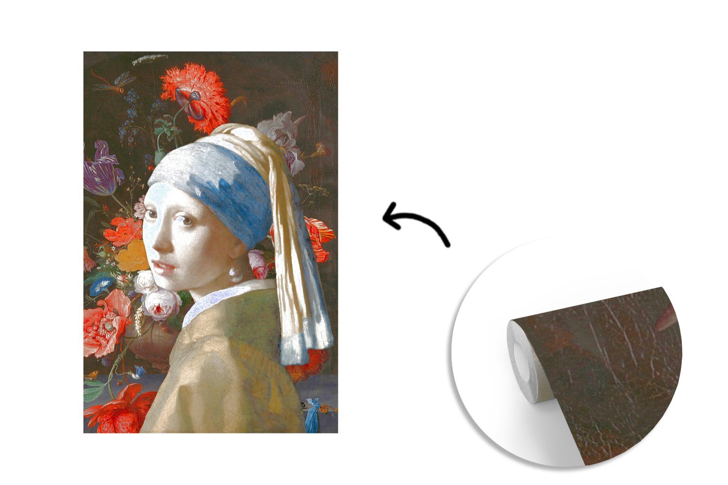 für Mädchen mit bedruckt, - Fototapete Vinyl Johannes Tapete St), dem Vermeer Wandtapete Matt, (3 - Montagefertig Das Wohnzimmer, Perlenohrring MuchoWow Blumen,