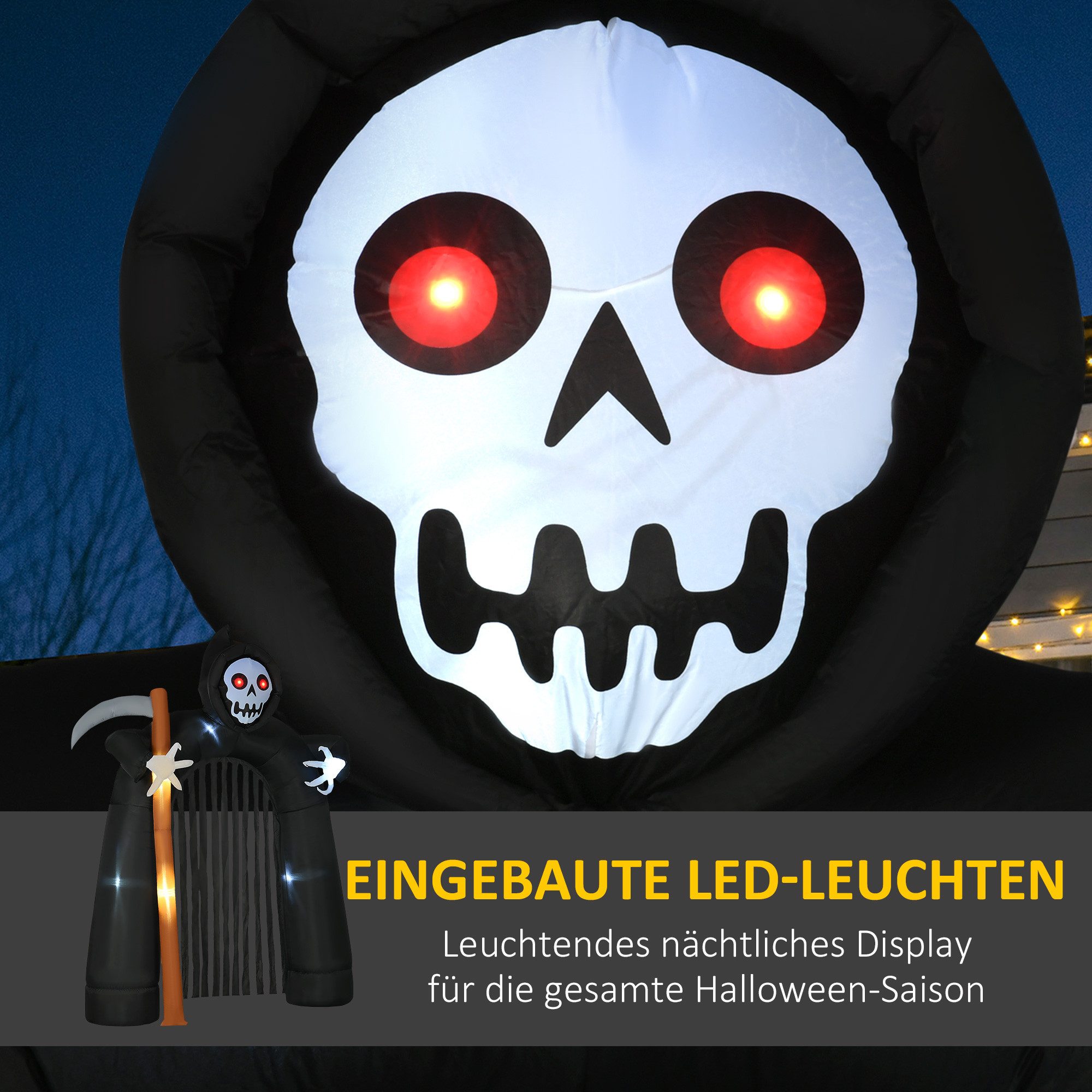 HOMCOM Dekofigur Halloween aufblasbarer Sensenmann-Torbogen, LED-Beleuchtung (Partydekoration, 5 St., Halloween-Deko), Schwarz 230 x 65 x 285 cm – Bild 4 von 5