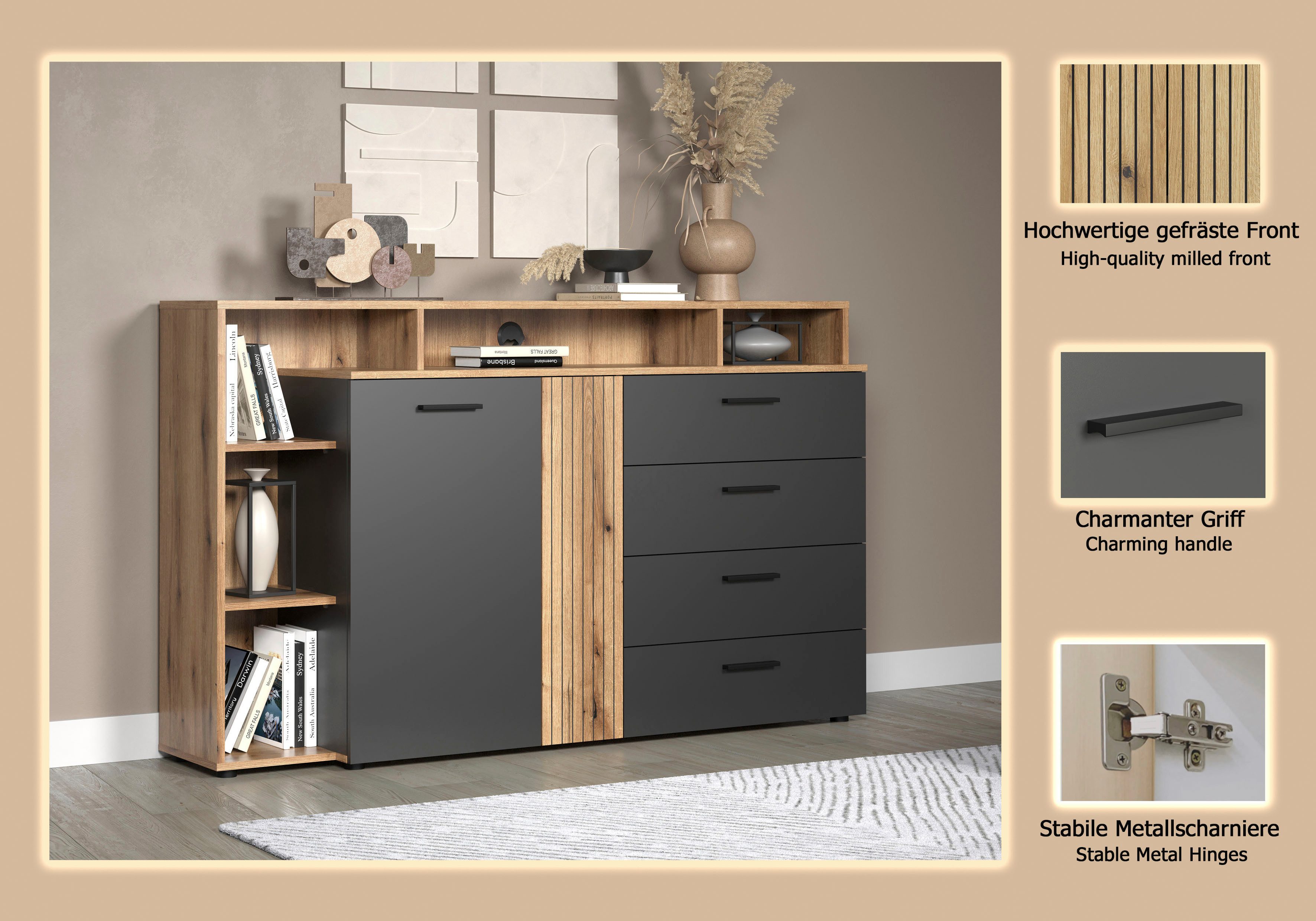 INOSIGN Lowboard Estepona (1 St), TV Kommode mit 2 Türen & 4 Schubladen Vollauszug (B/T/H) 168/38/101 cm