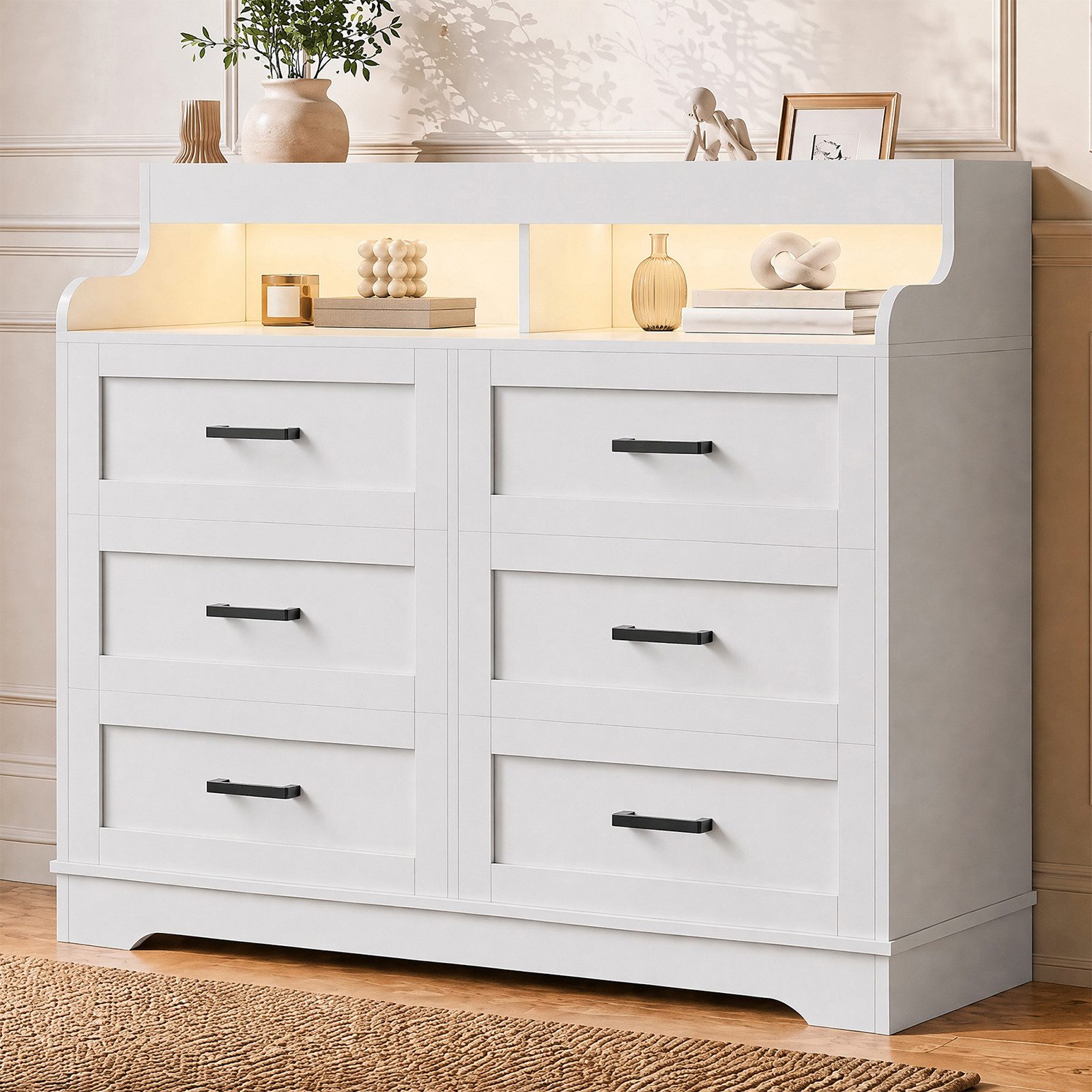 ADWOLT Sideboard LED Kommode mit 6 Schubladen 110 x 40 x 99 cm (Set, 1 St., viel Stauraum), Weiß Moderner Schubladenschrank für Wohnzimmer Schlafzimmer