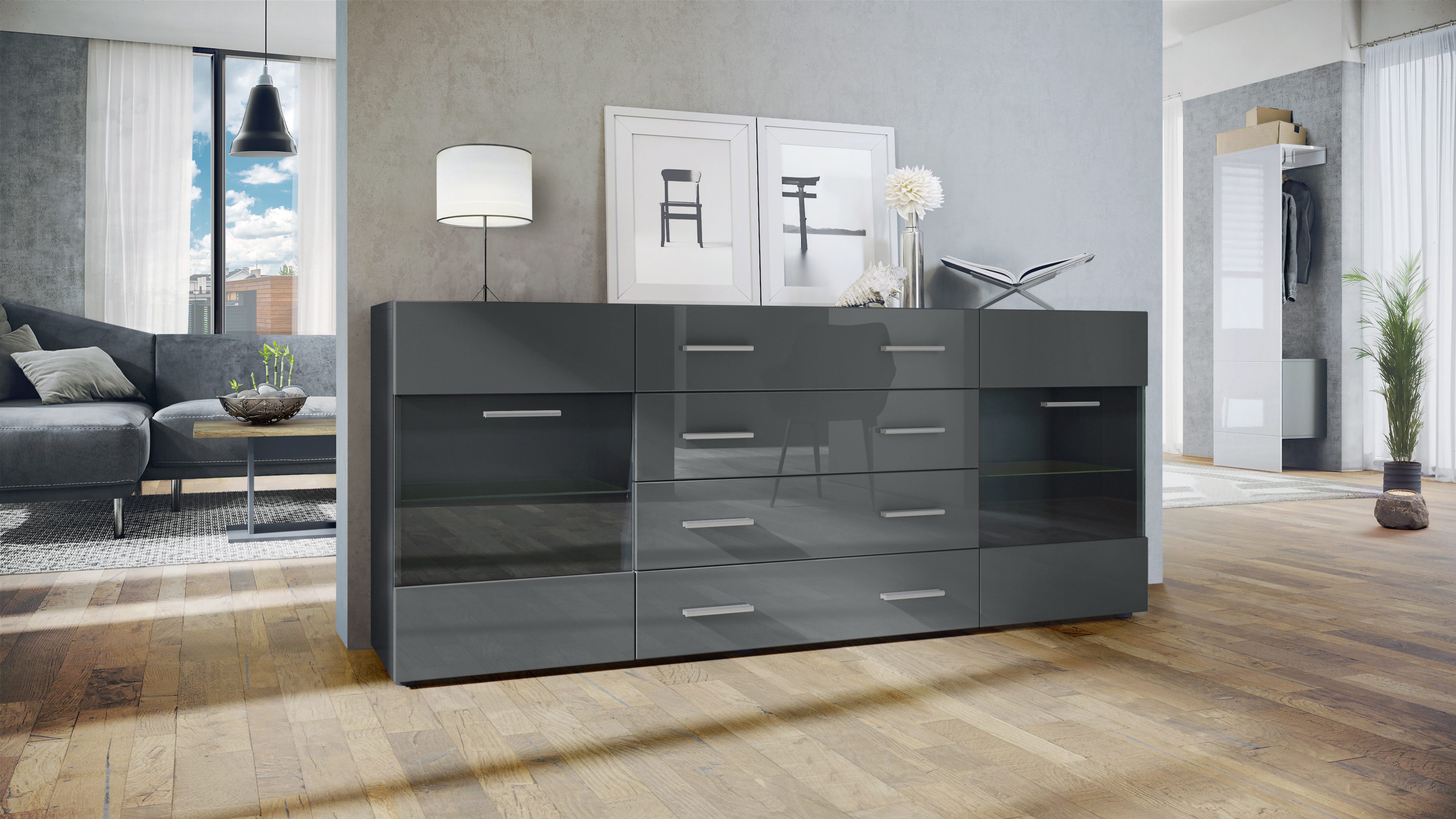 Vladon Sideboard Carlos V2 (Kommode mit 2 Türen, 4 Schubladen und 2 flexible Glaseinlegeböden), Schwarz matt/Grau Hochglanz (166 x 72 x 35)