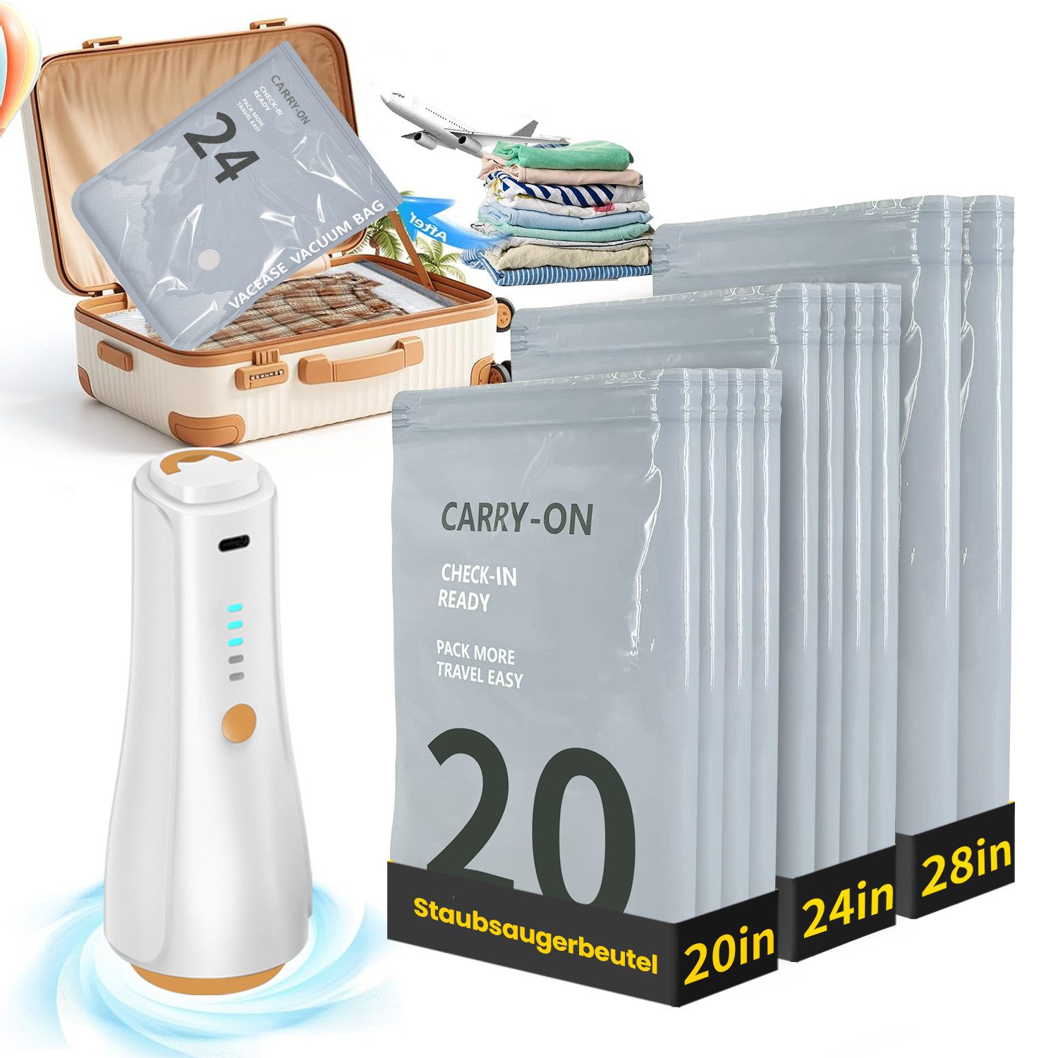 oyajia Kofferorganizer Vakuumbeutel Kleidung mit USB-Pumpe, 15 Stück Vacuum Bags for Clothing (3x 74 x 54cm, 6x 64x47cm, 6x 54x40cm, Platzsparende Travel Essentials), Vakuumbeutel in 3 Größen für Reise, Kleiderschrank & Aufbewahrung
