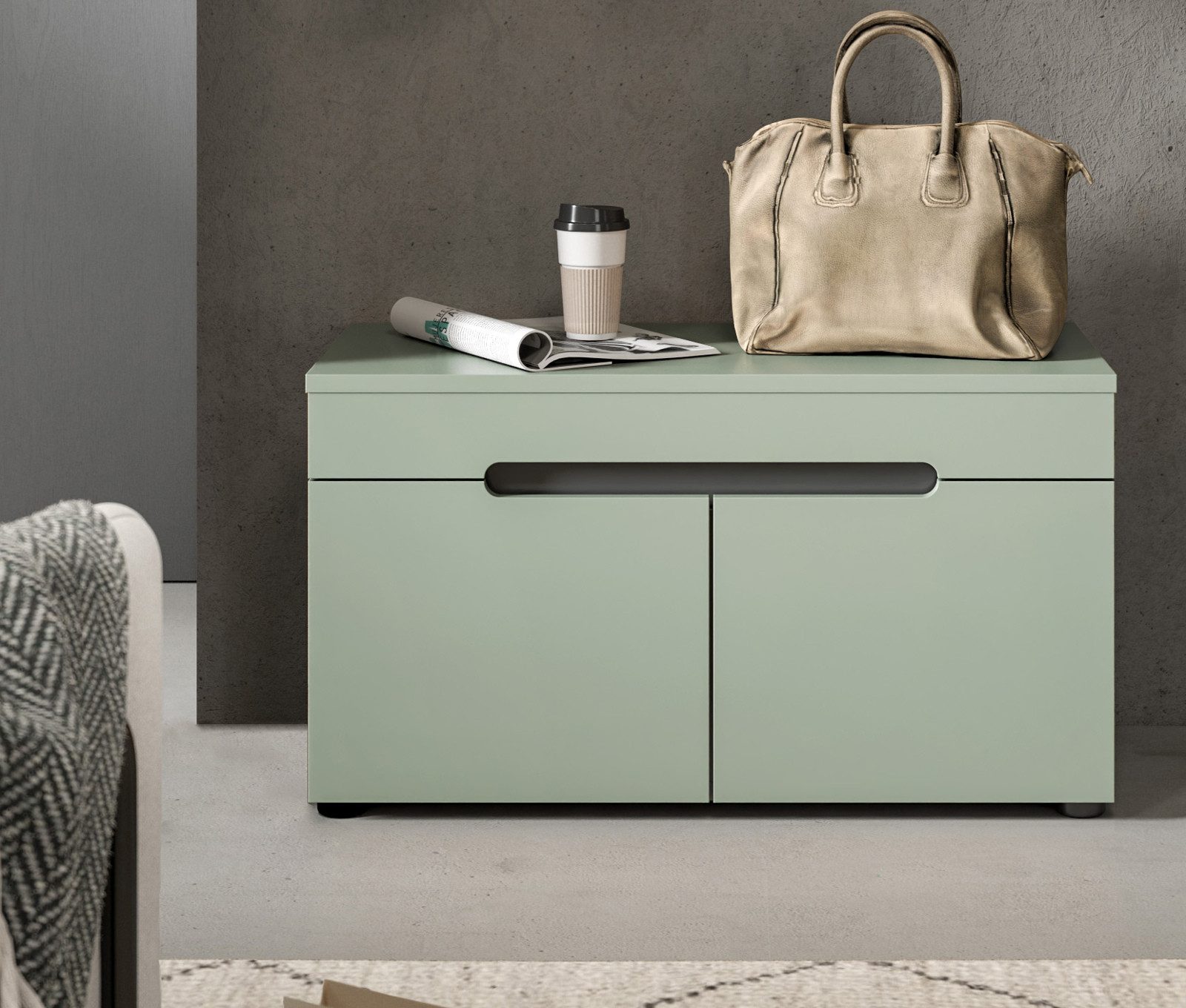 Inn.Furn Schuhbank Cooper (Garderobenbank in Salbei Grün und Basalt Grau, 80 x 45 cm), mit Soft-Close-Funktion