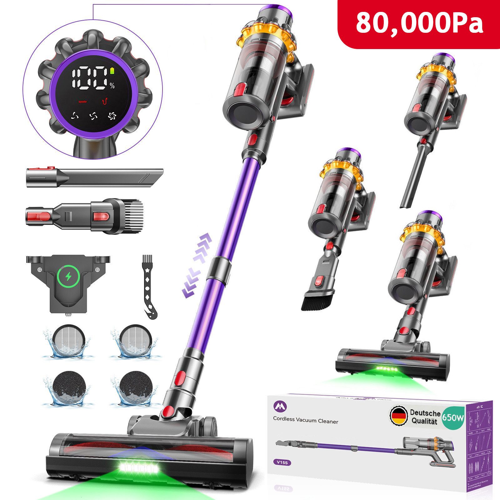 FOSMET Akku-Hand-und Stielstaubsauger Akku Staubsauger 80000Pa/650W/75min Kabelloser Stabstaubsauger, 650 W, 1,8 L Kabelloser Staubsauger – Extra leiser Elektrischer Staubsauger mit Anti-Verwicklungsbürste, Stabstaubsauger für Hartböden Teppiche Tierhaare