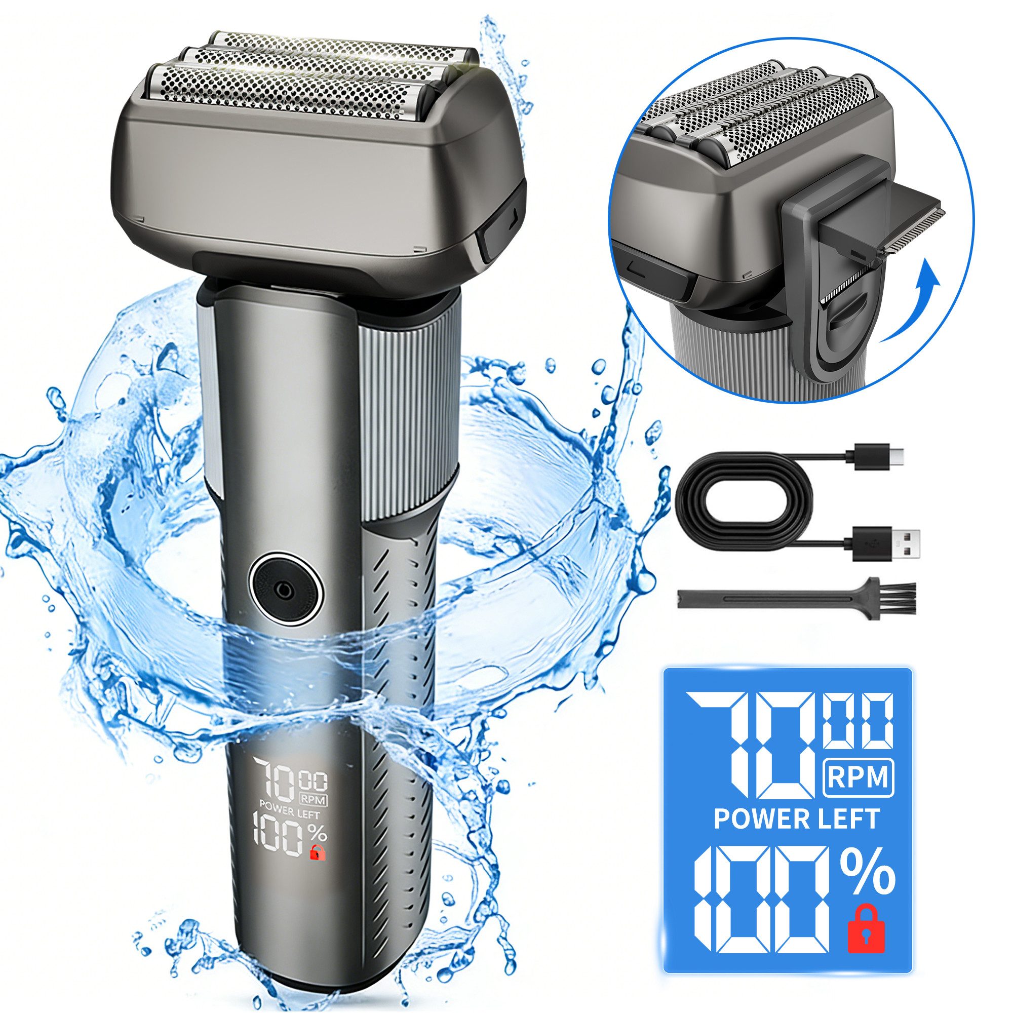 Luckice Elektrorasierer Folienrasierer,Herrenrasierer,Nass- und Trockenrasierer, wasserdicht, für Bartpflege und perfekte Rasur, ausklappbarer Langhaarschneider, 5-fach Schneidsystem,90 min, Schwarz Metallic