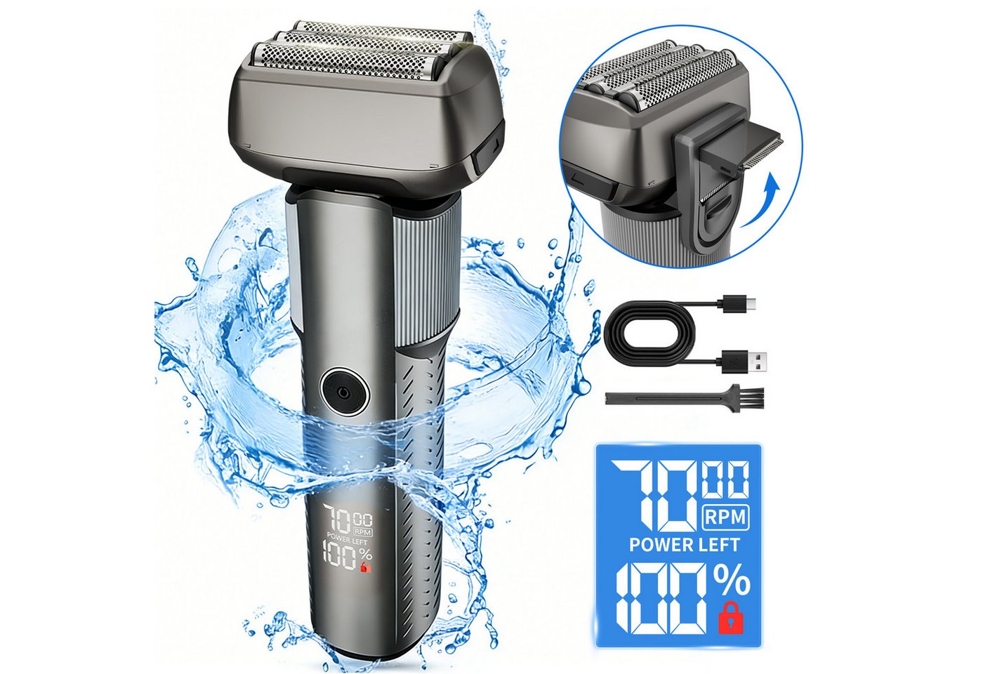 Luckice Elektrorasierer Folienrasierer,Herrenrasierer,Nass- und Trockenrasierer, wasserdicht, für Bartpflege und perfekte Rasur, ausklappbarer Langhaarschneider, 5-fach Schneidsystem,90 min, Schwarz Metallic