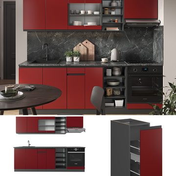Livinity® Küchenzeile R-Line, Rot/Anthrazit, 240 cm, AP Eiche