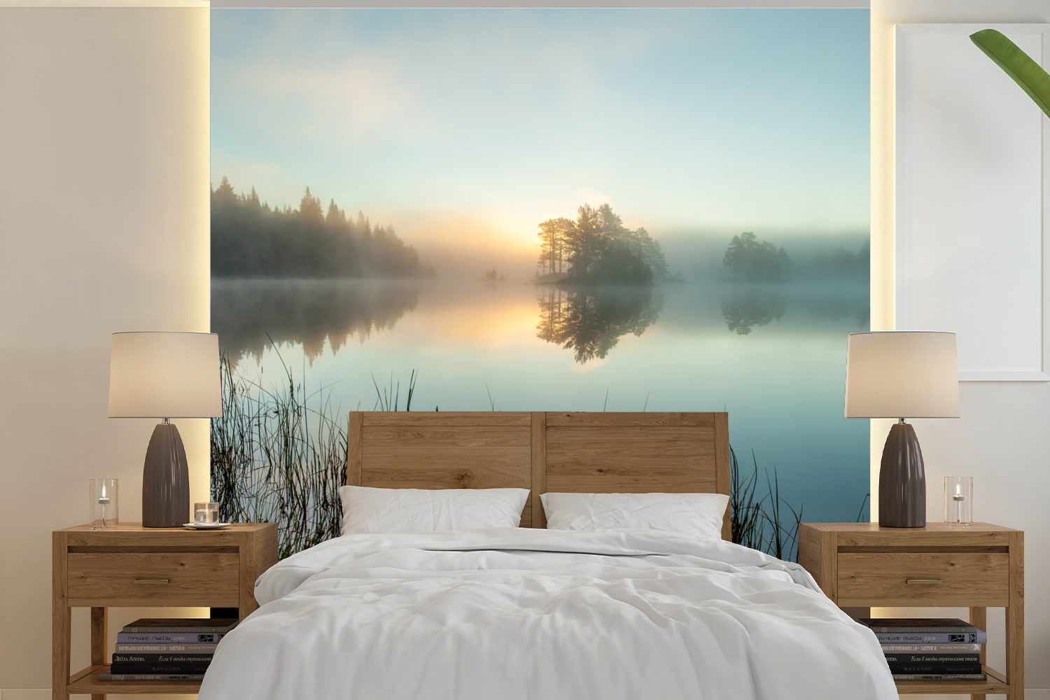 MuchoWow Fototapete Sonnenaufgang am See, Matt, bedruckt, (5 St), Vinyl Tapete für Wohnzimmer oder Schlafzimmer, Wandtapete