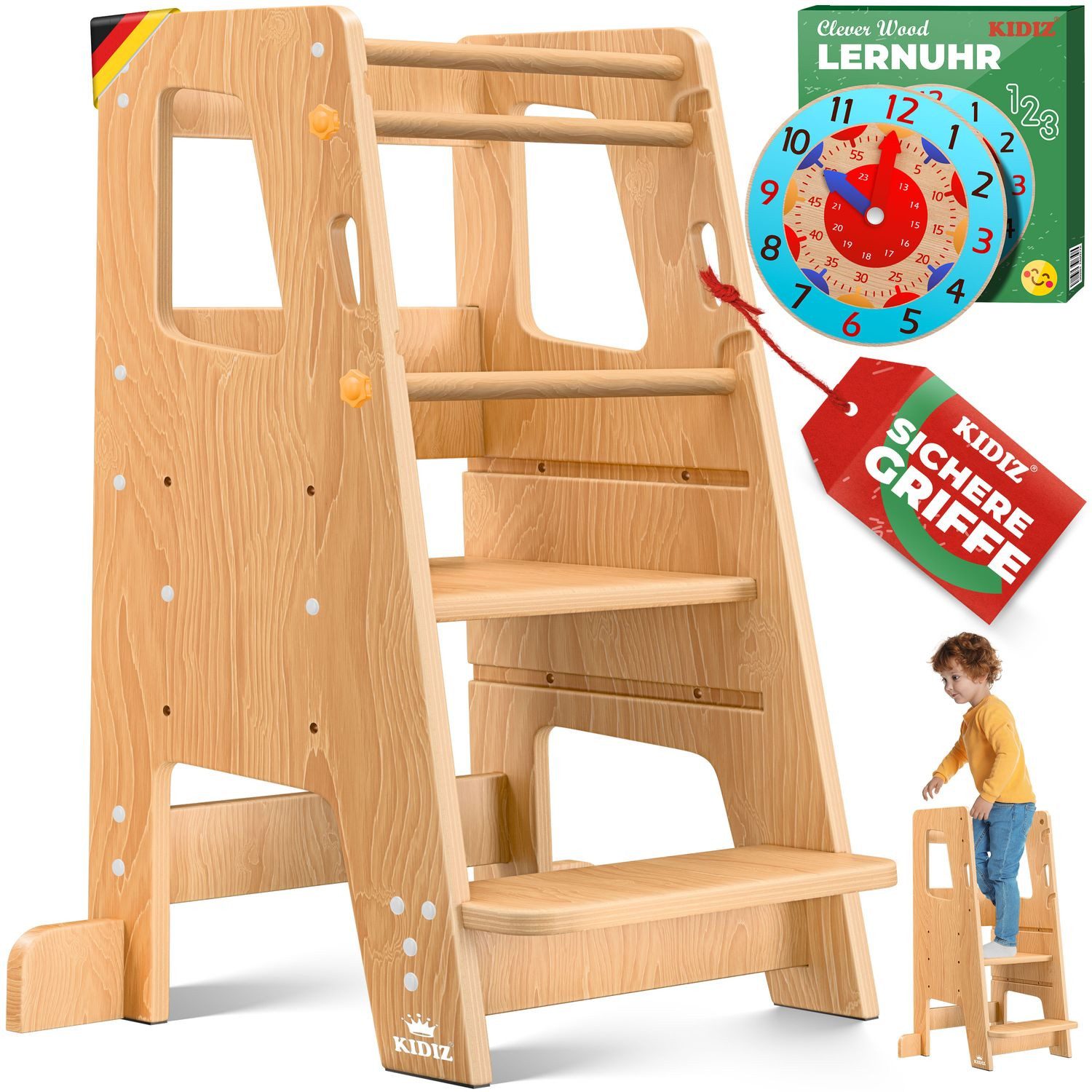 KIDIZ Stehhilfe Montessori Lernturm aus Kiefernholz ab 1 Jahr & bis 50 kg belastbar (Tritthocker inklusive Lernuhr & abnehmbarer Anti-Kipp-Schutz), 3-stufig Höhenverstellbar, spielerisch motorische Fähigkeiten fördern