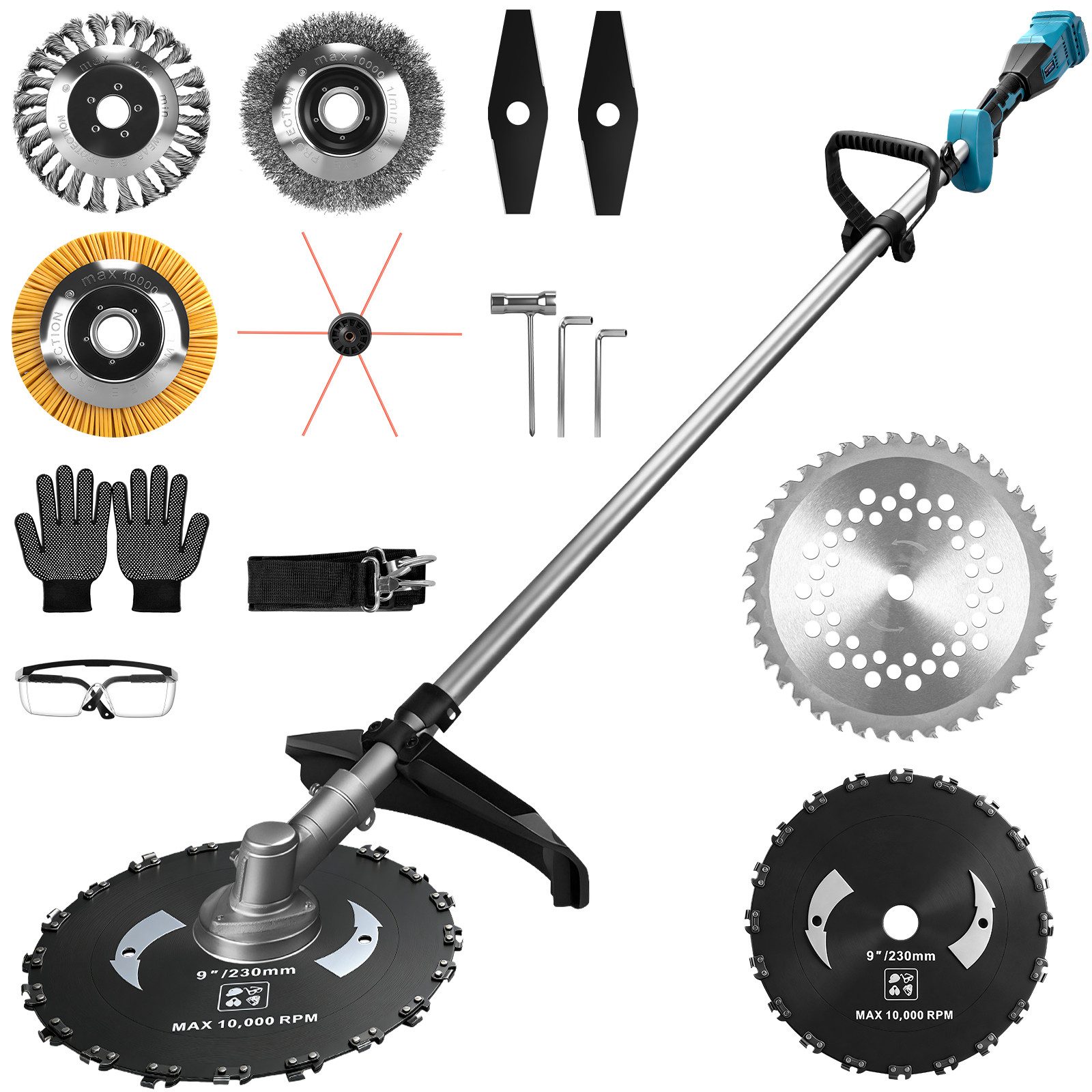XIIW Akku-Freischneider 7-IN-1 Akku-Rasentrimmer 1380W Teleskop Motorsense 7 Klingentypen, (Kompatibel mit Makita-Akkus, L168cm, 26 mm x 9T, 18800 U/min), Unkrautbürste für Höfe, Gärten und Kleinen