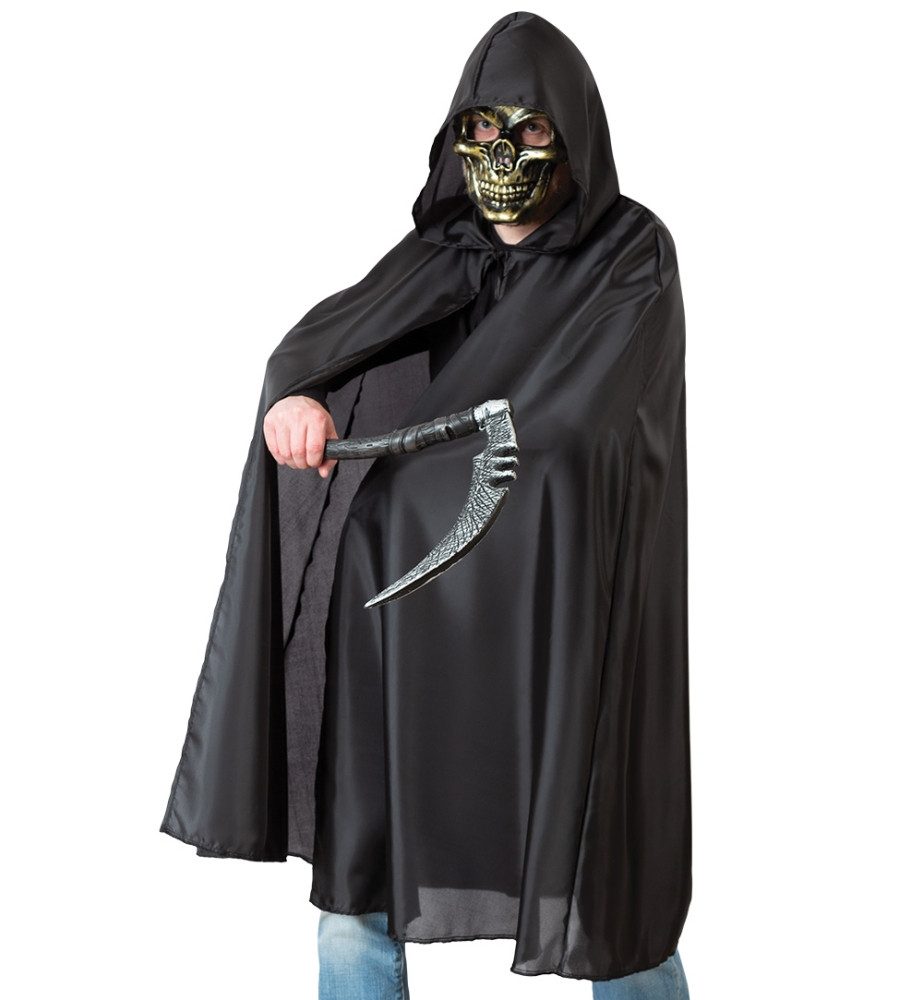 Kostüm Horror Cape Umhang Onyx Schwarz mit Kapuze Halloween Karneval Fasching