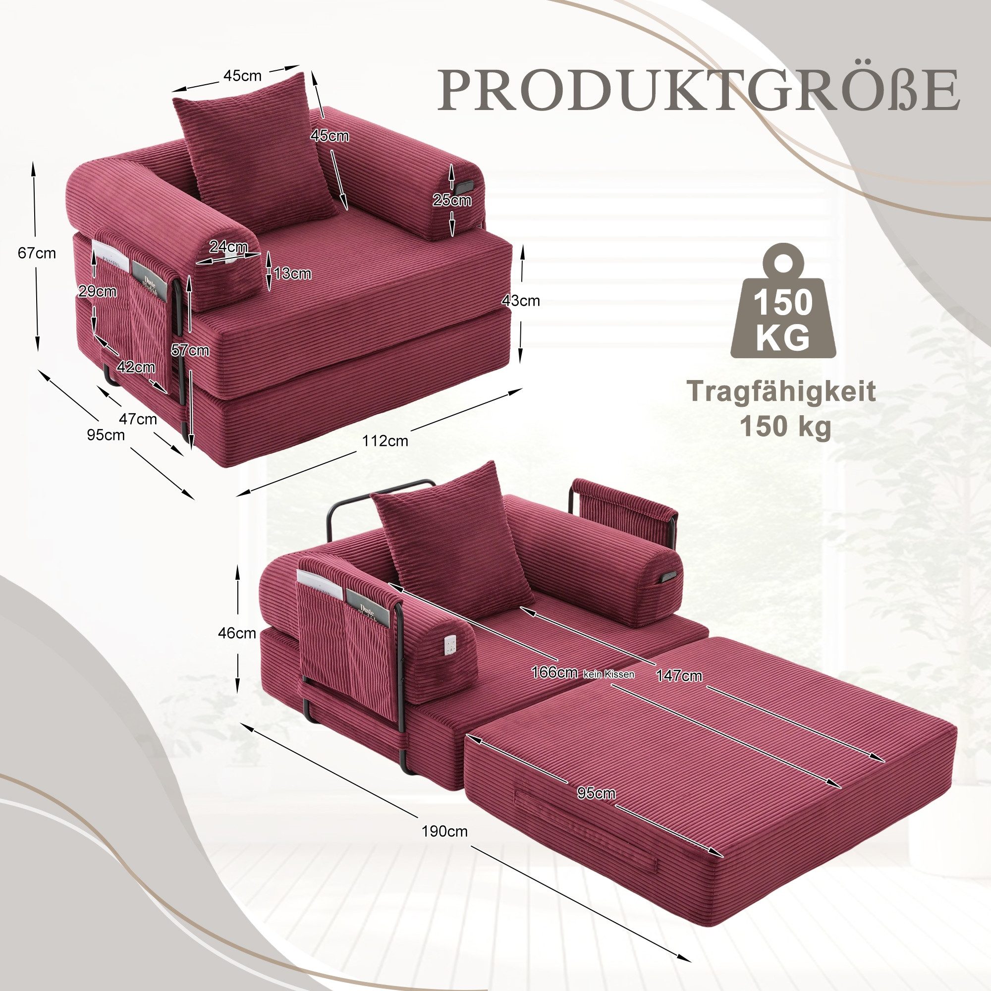 LVHOM Loungesofa faltbar mit Schlaffunktion, Stabil-/abnehmbarer Außenrahmen aus Metall, frei kombinierbar, Liege- oder Klappsofa, 3 Kissen, Hochelastischer Schaumstoff, weicher Cordstoff, Praktische Seitentaschen zur Aufbewahrung, Ideal für flexible Raumgestaltung in Wohn- oder Kleinwohnungen, Tragfähigkeit 300kg, als Gästebett nutzbar,Arbeitszimmer/Wohnzimmer
