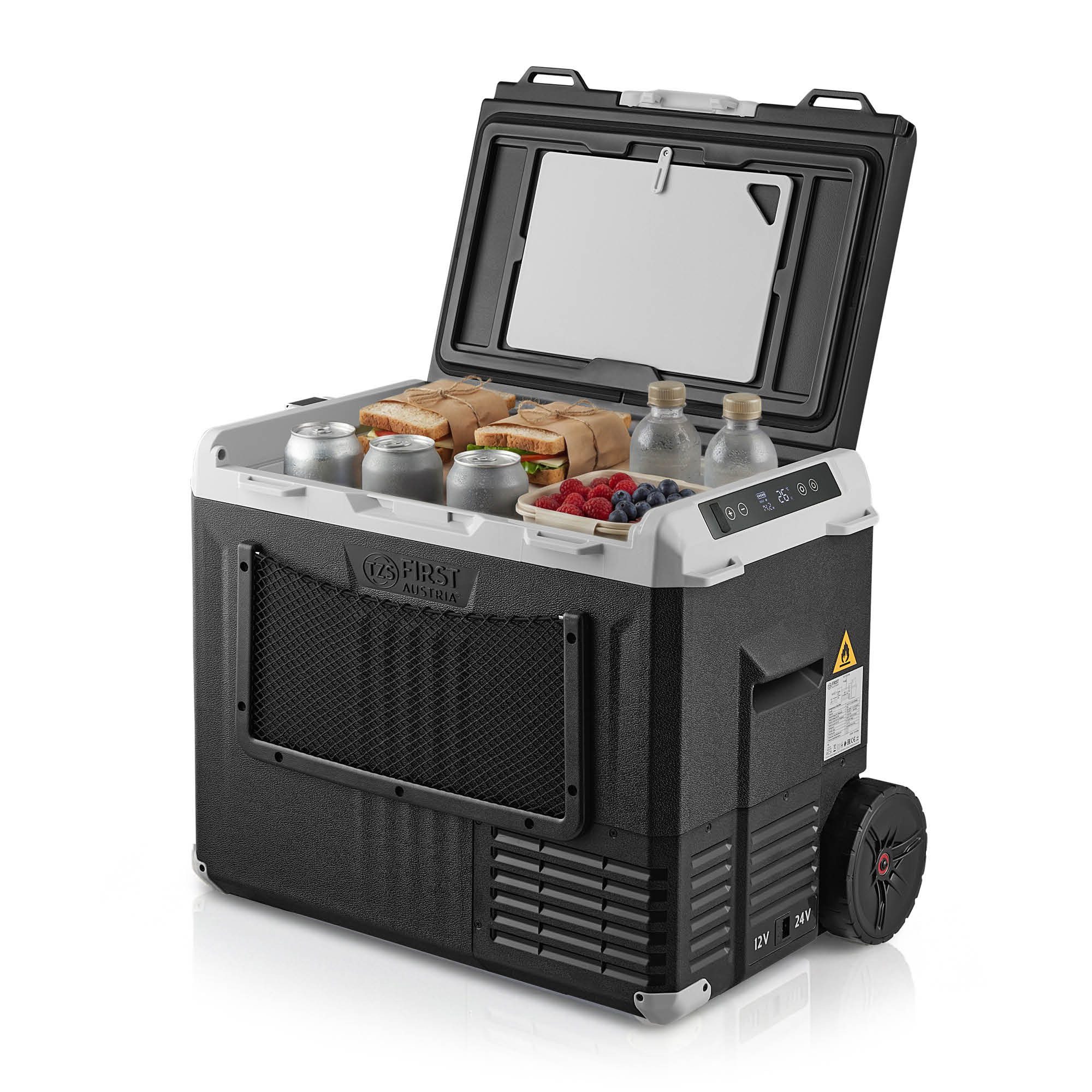 TZS FIRST AUSTRIA Elektrische Kühlbox Kompressor 40L, 12V / 230V Anschluss, App-Steuerung, Trolleyfunktion, Bis -20 °C, ECO & MAX Modus, inkl. Schneidebrett & Flaschenöffner