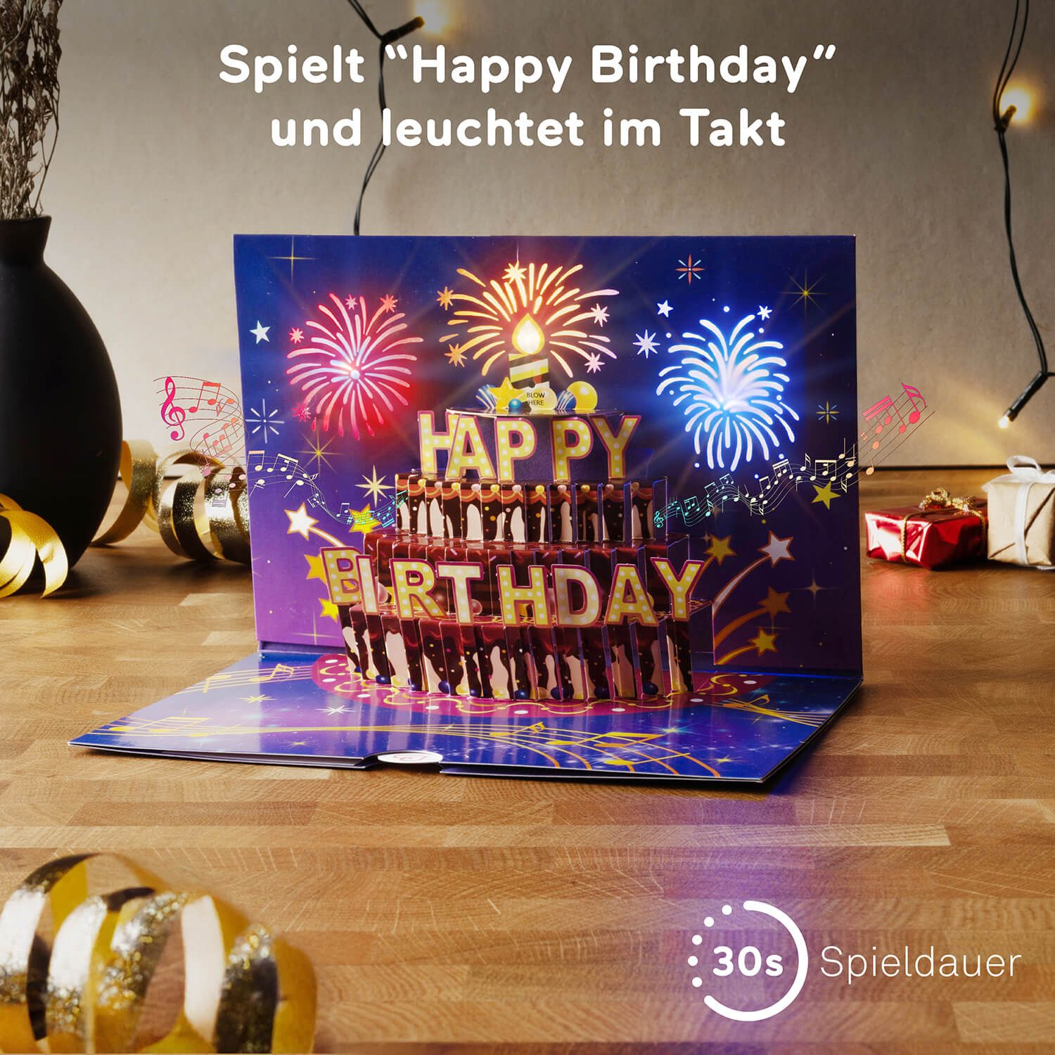 papercrush Geburtstagskarte Geburtstagsfeuerwerk mit Musik & Licht Pop-Up Karte, Mit Musik & Licht, Handgemacht, Verschenkfertig