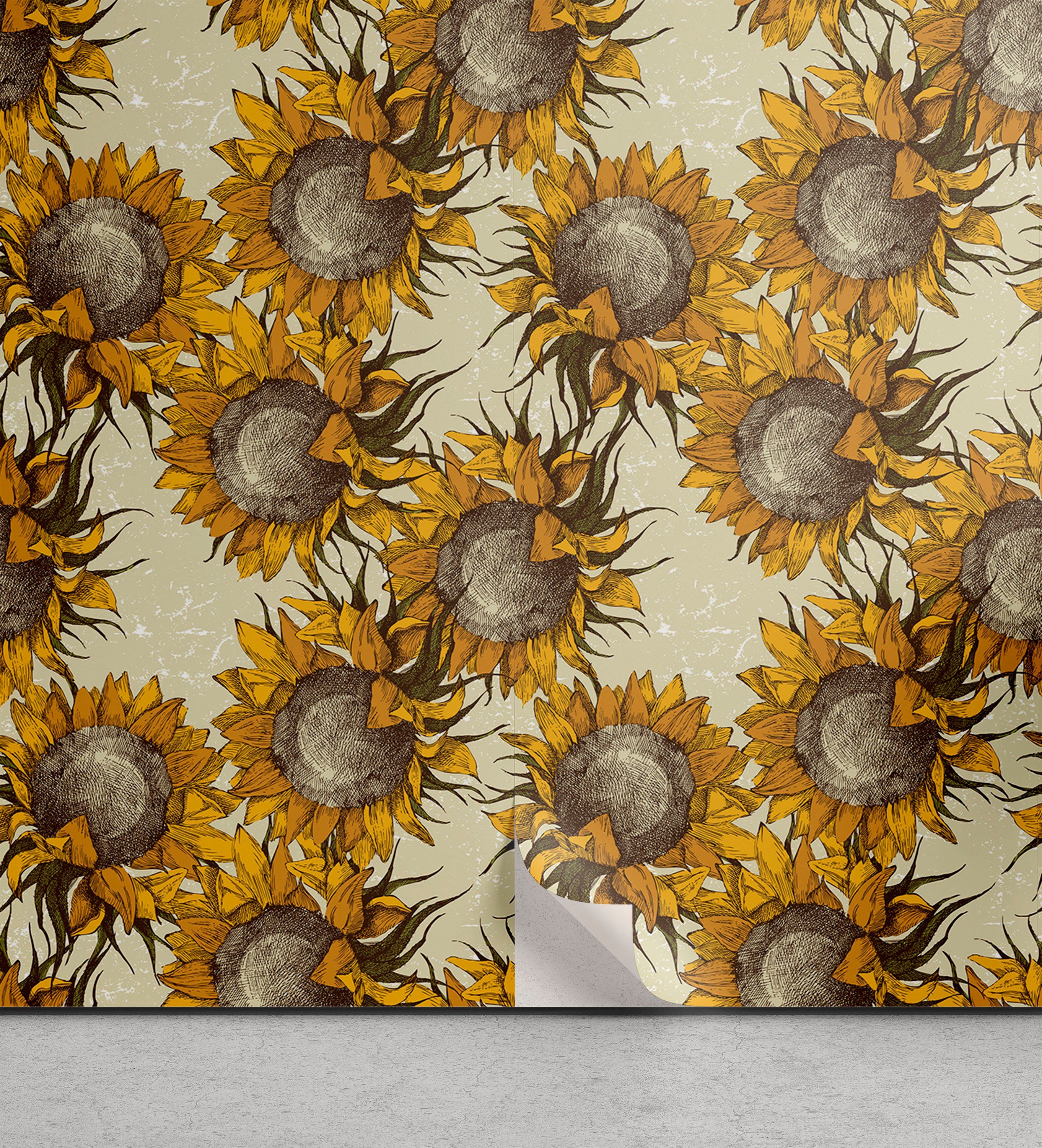 Abakuhaus Vinyltapete selbstklebendes Wohnzimmer Küchenakzent, Sonnenblume Vintage Nature Ornament
