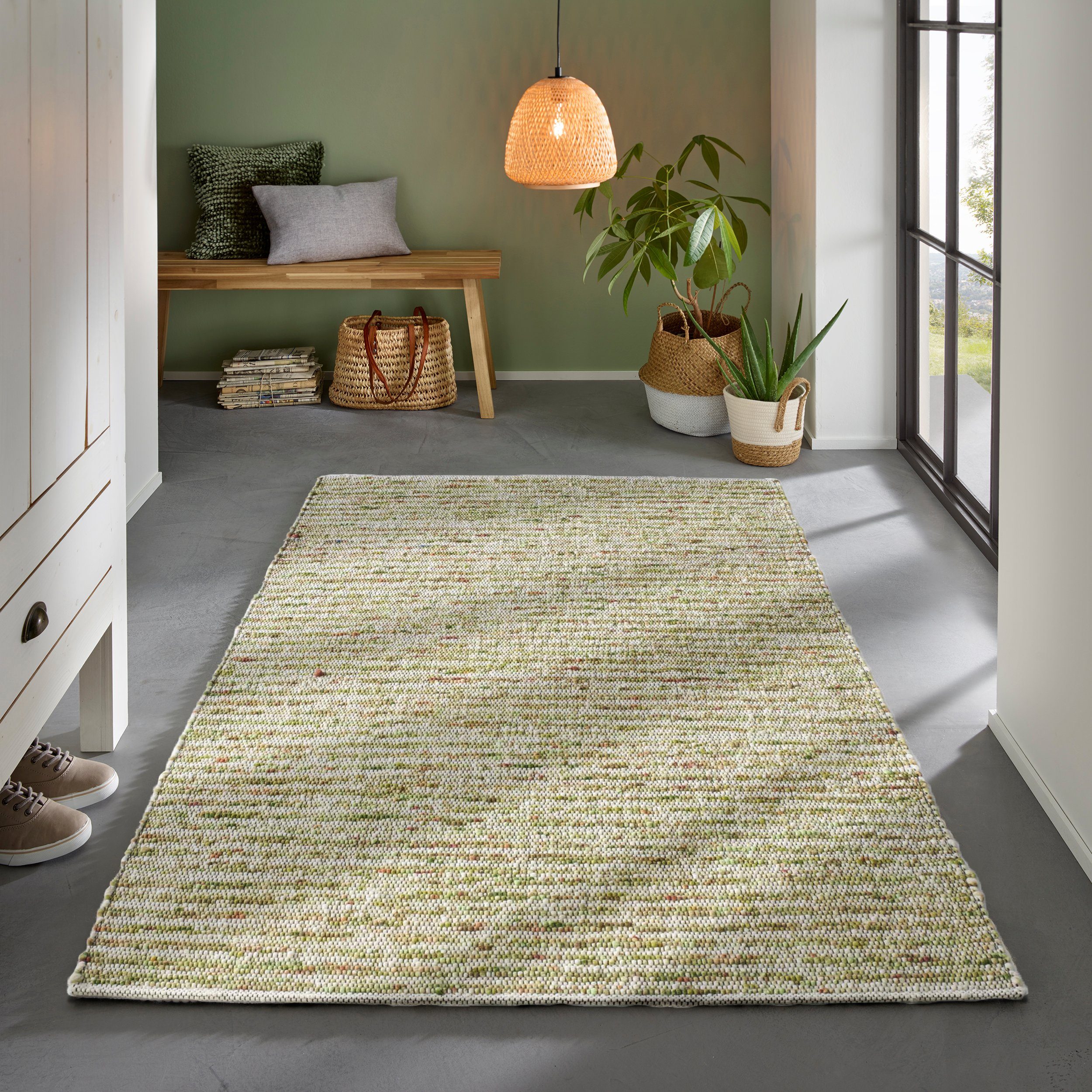 TaCa Home Wollteppich Gewalkter Handweb Woll-Teppich mit schwarzer Kette, rechteckig, Höhe: 9 mm, nachhaltige Schurwolle Wohnzimmer Schlafzimmer, Grün - 70 x 130 cm