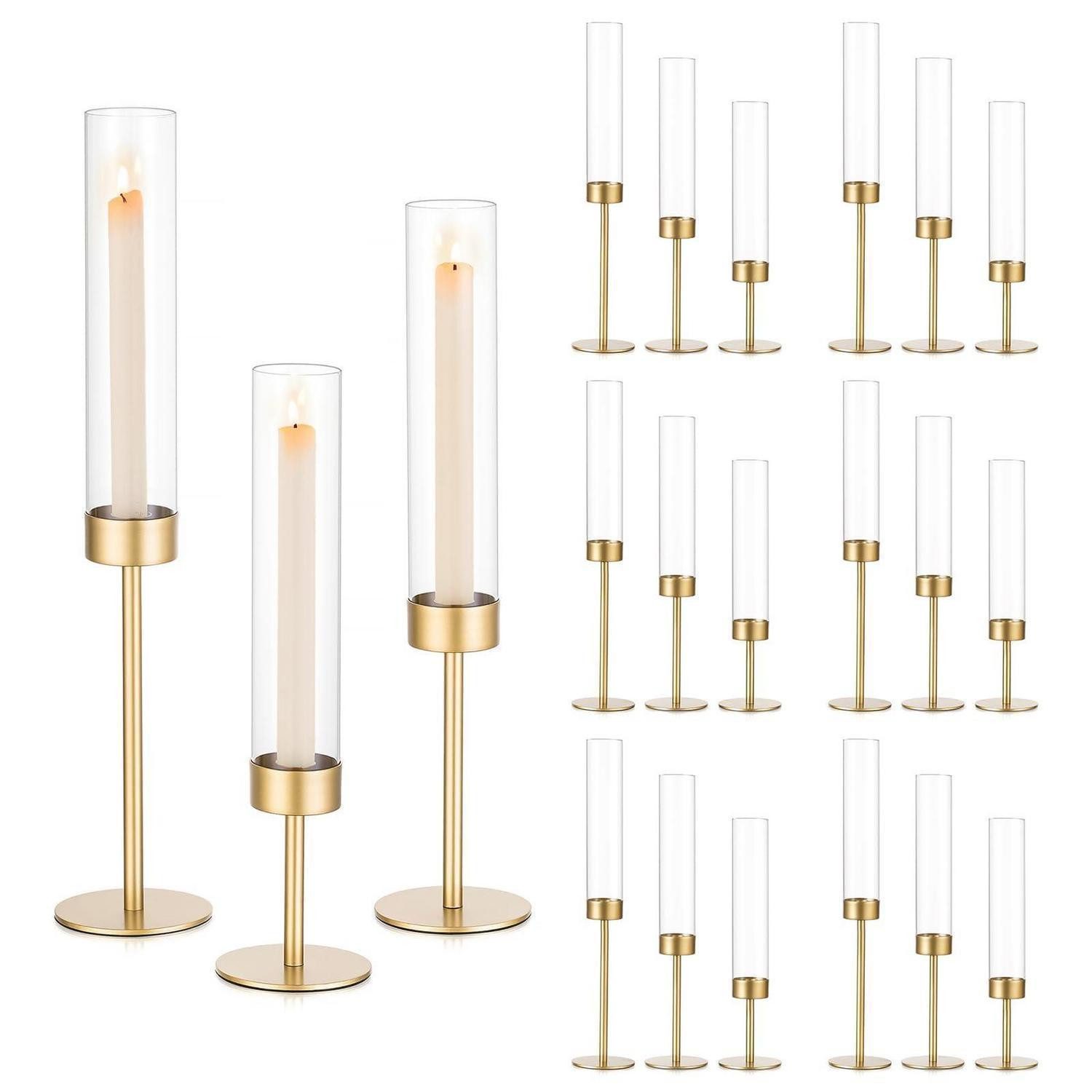LuxusKollektion Windlicht Kerzenständer Stabkerzen Gold 18er-Set mit Glas (18 St)