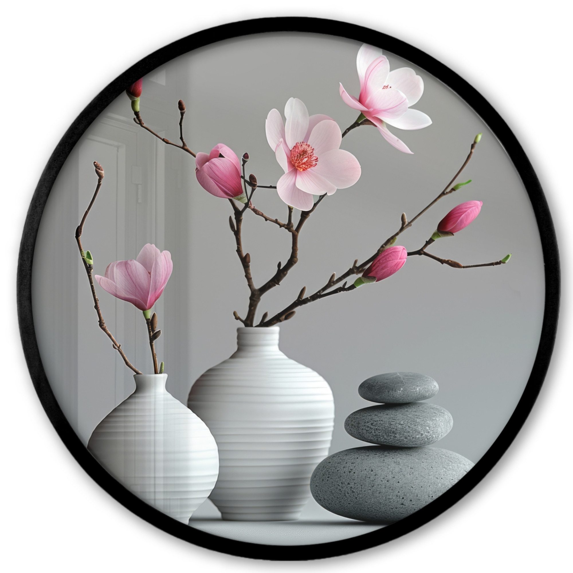 MuchoWow Poster Rund - Magnolie - Blumen - Rosa - Zen-Steine, (1 St), Runde Wandbilder, Deko für Wohnzimmer und Schlafzimmer, 40x40 cm