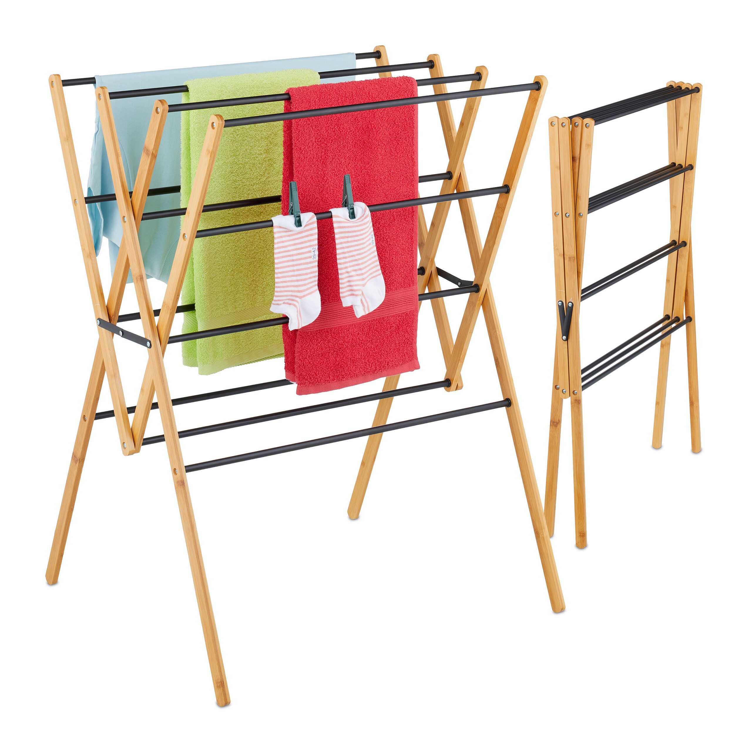 relaxdays Klappbarer Wäscheständer, Holz / Schwarz