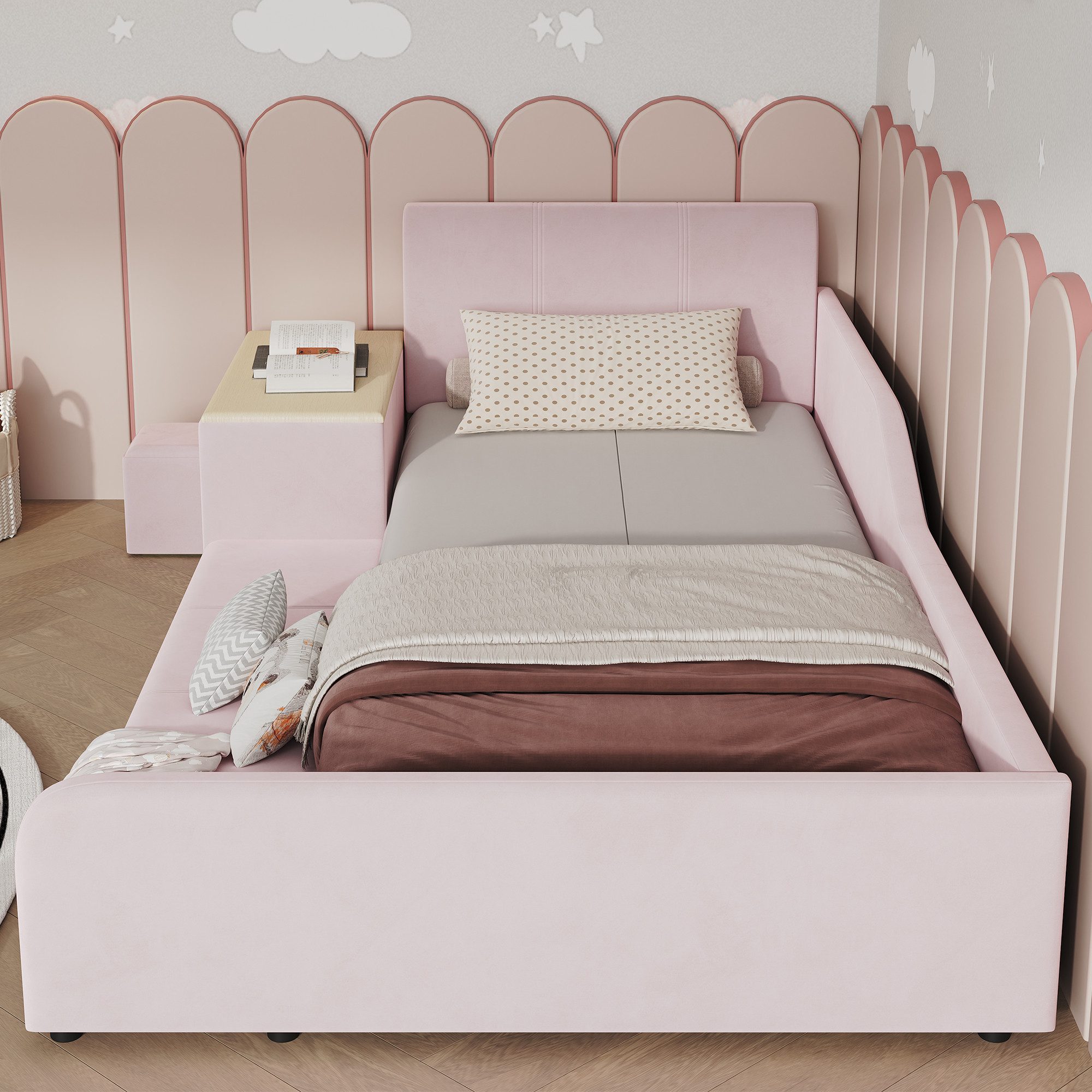Flieks Polsterbett, Kinderbett 90x200cm mit Schreibtisch und Hocker mit Rausfallschutz