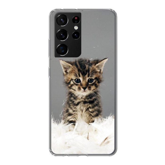 MuchoWow Handyhülle Katze - Kätzchen - Federn Phone Case Handyhülle Samsung Galaxy S21 Ultra Silikon Schutzhülle