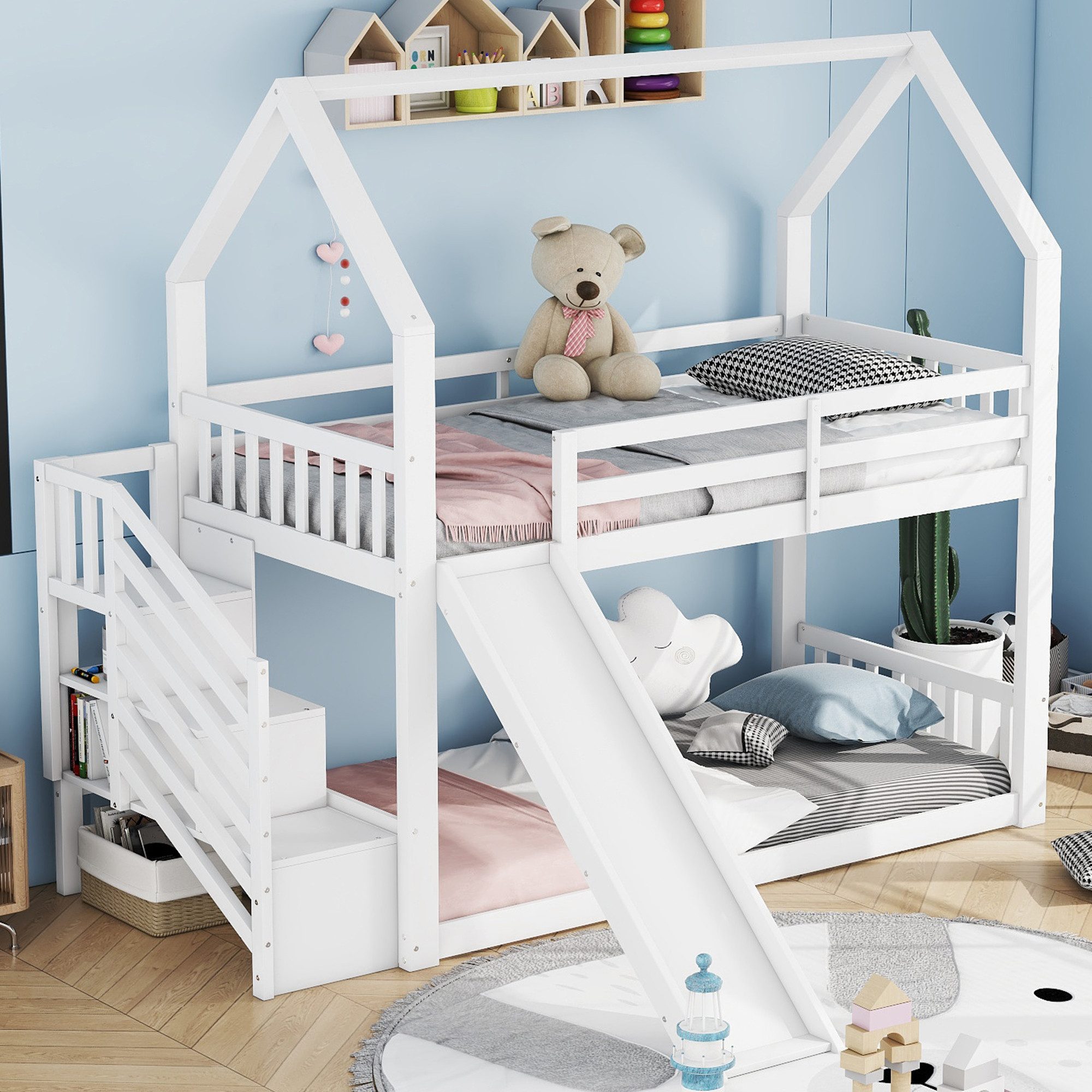 Flieks Etagenbett, Kinderbett mit Treppe & Rutsche & oberem Lattenrost 90x2 günstig online kaufen