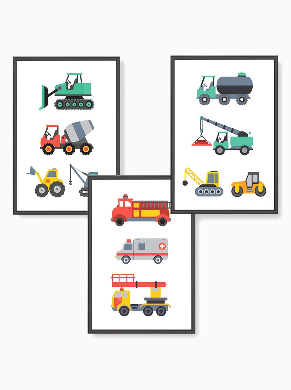 Himmelzucker Poster »DIN A4 Wandbilder für Kinderzimmer Babyzimmer Autos  Baustelle Feuerwehrauto Bilder«, Fahrzeuge (3-teiliges Poster-Set, 3 St),  Kinderposter für Junge Mädchen (DIN A4 ohne Rahmen)
