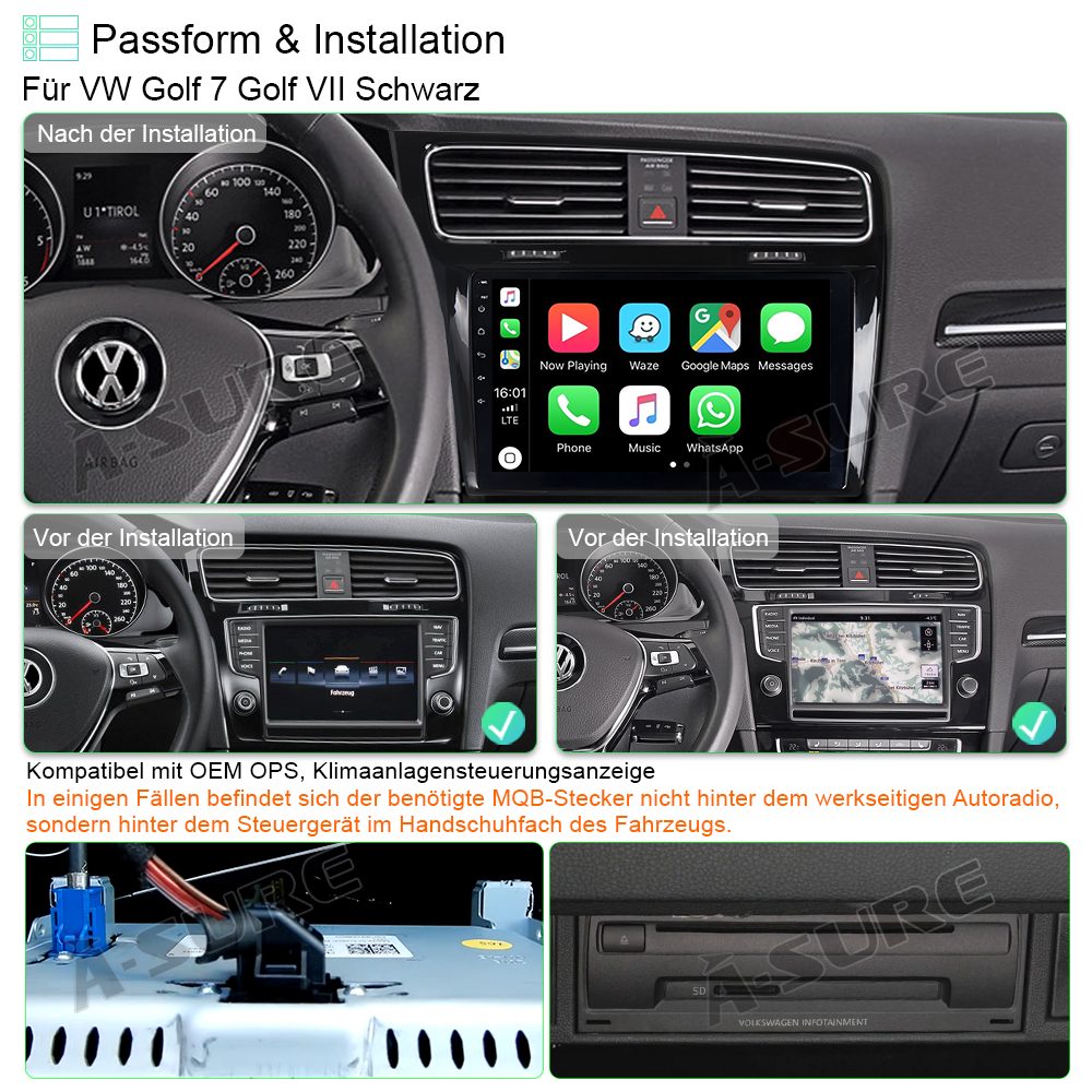 A-Sure 10.1" Android 15 Carplay Für VW Golf 7 VII MK7 2013-2017 Autoradio (Digitalradio (DAB), FM, AM)