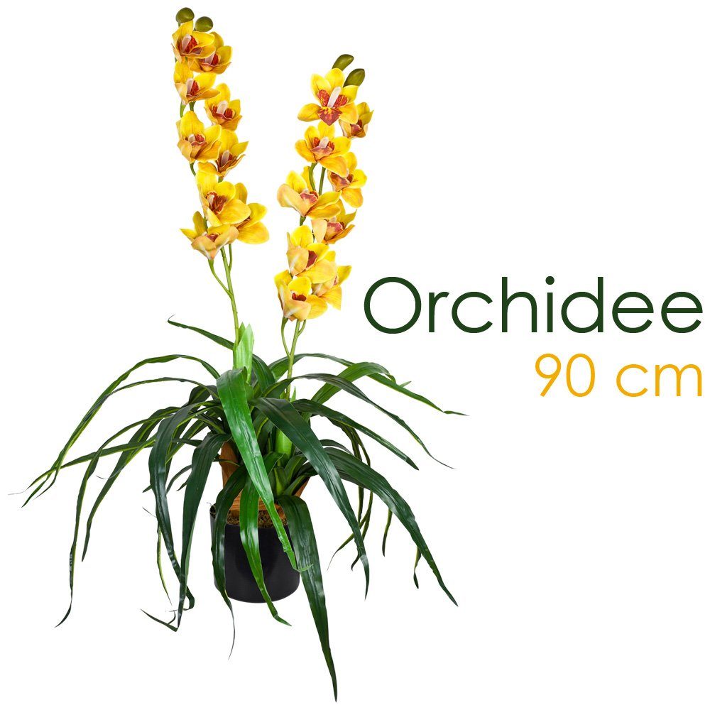 Kunstpflanze Künstliche Orchidee Kunstpflanze Pflanze Gelb Topf 90 cm Decovego, Decovego