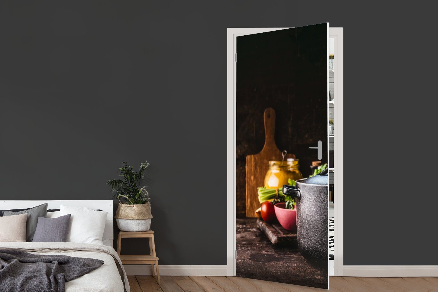 Tür, - - Rustikal Fototapete - Matt, bedruckt, Türaufkleber, (1 St), Stilleben Pfanne cm Gemüse, MuchoWow 75x205 für Türtapete