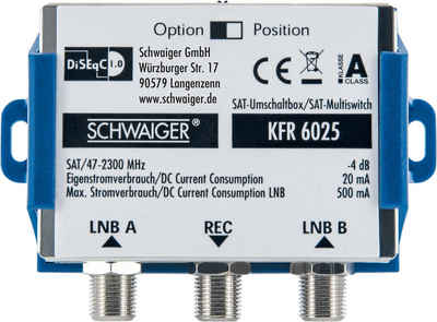 Schwaiger SAT-Verteiler KFR6025 531 (verteilt zwei Universal Single LNBs auf einen Teilnehmer), Wahlschalter für DiSEqC Befehle