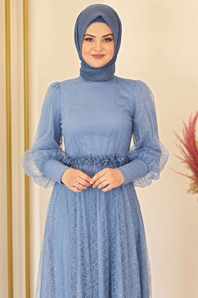 Modavitrini Abendkleid langärmliges silbriges Tüllkleid Abiye Maxikleid Hijab Kleid Indigo-Blau Abaya