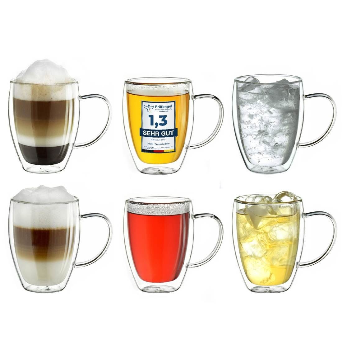 BigDean Teeglas 6 Stück Doppelwandige Kaffee & Teegläser mit Henkel 300 ml,  Glas