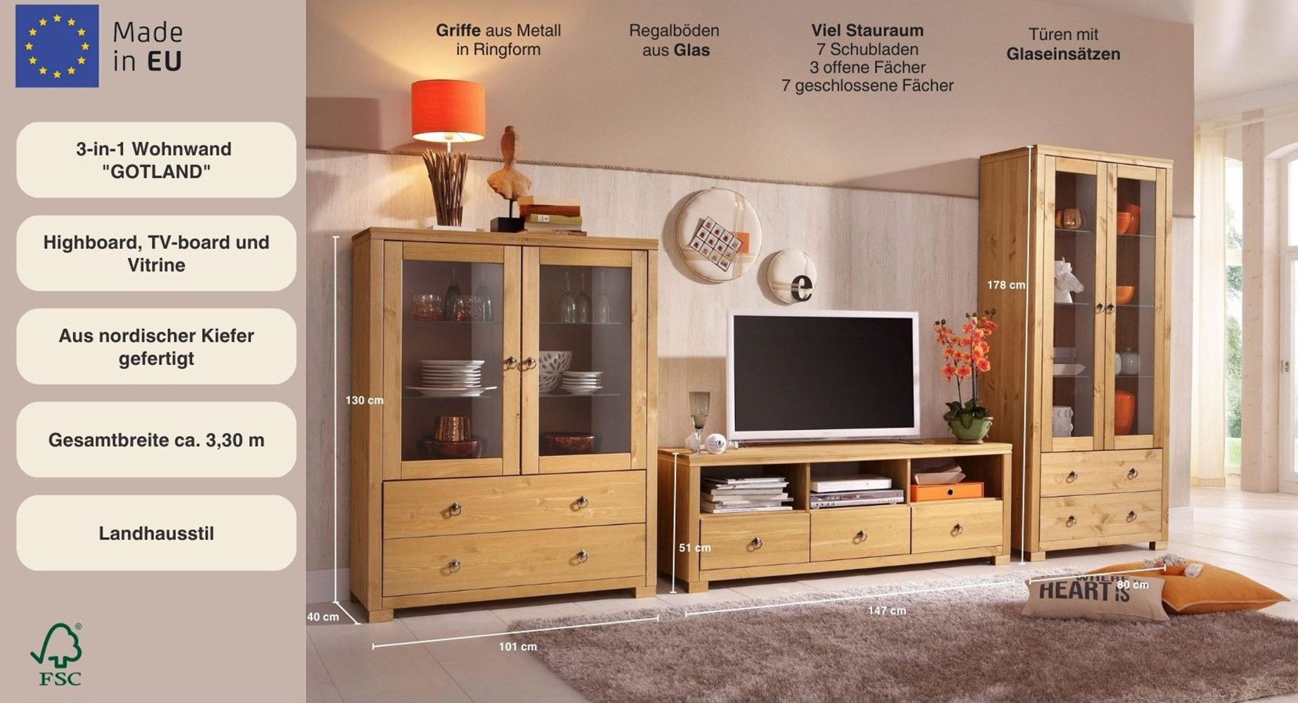OTTO home Wohnwand Gotland, (Set, 3-St), bestehend aus 1 Highboard, 1 TV-Lowboard und 1 Vitrine