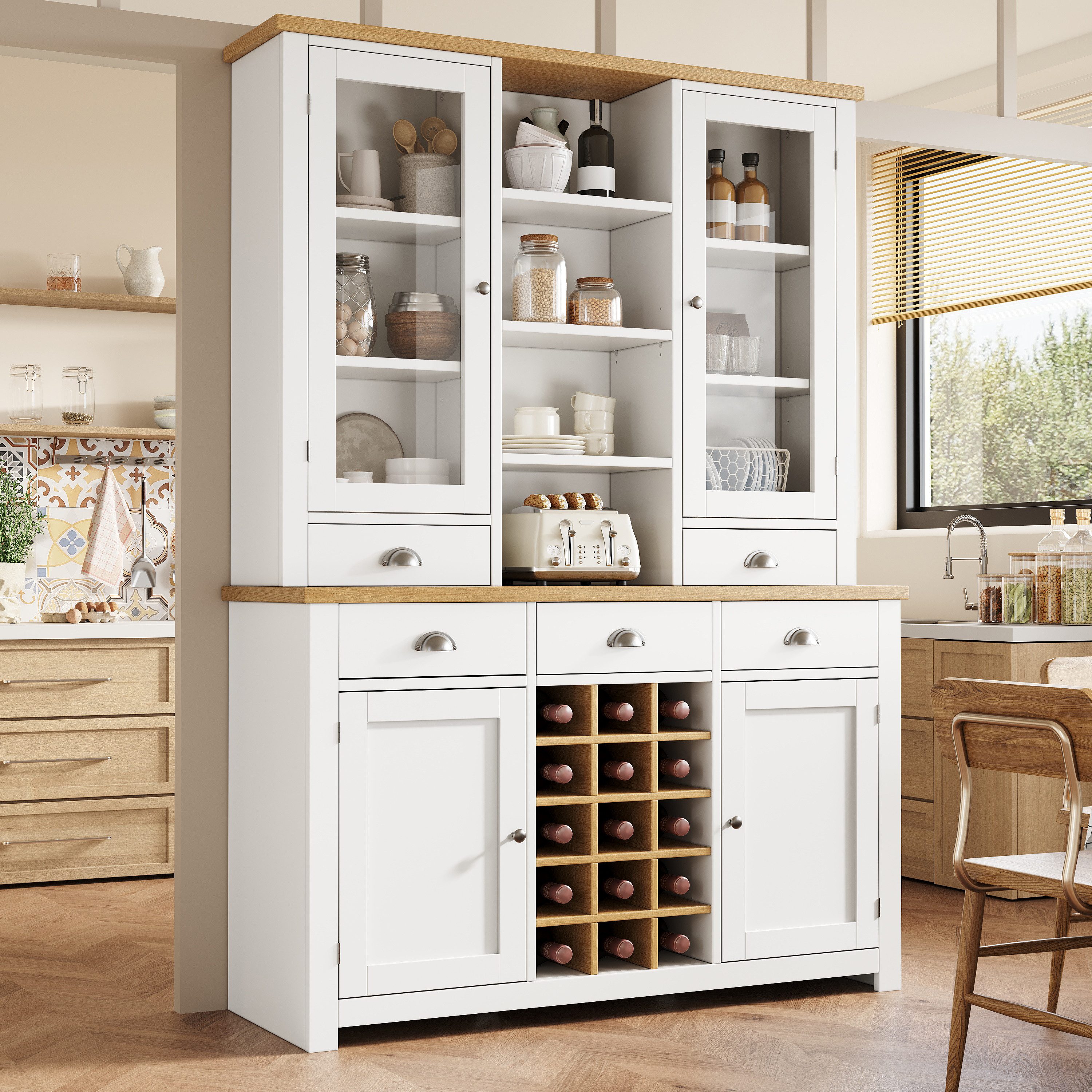 Flieks Küchenbuffet mit Arbeitsplatte in Holzoptik Natur, Glastüren und Weinregal (1-St., B120/T40/H185 cm) Hochschrank Küchenschrank Geschirrschrank mit verstellbarer Ablagen