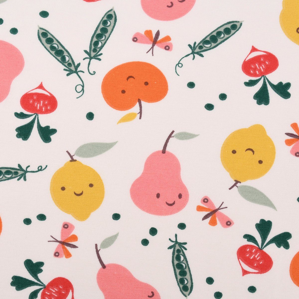 SCHÖNER LEBEN. Stoff Baumwolljersey VEGGY Radieschen Obst Schmetterling weiß bunt 1,5m