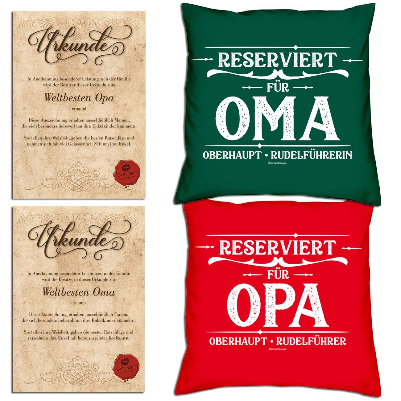 Soreso® Dekokissen Kissen-Set Reserviert für Opa Reserviert für Oma mit Urkunden, Weihnachtsgeschenk für Großeltern dunkelgrün