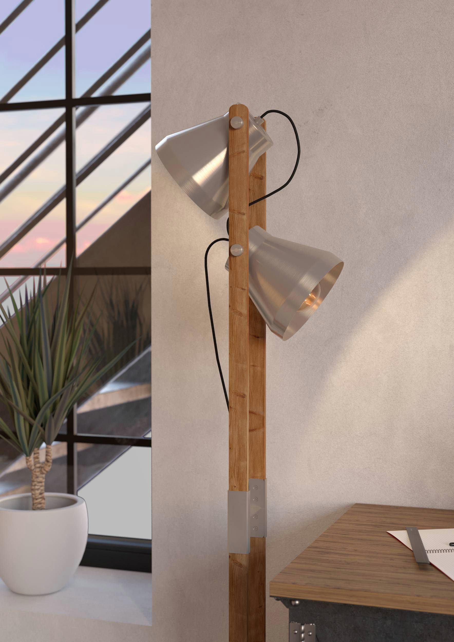 EGLO Stehlampe Cawton Stehlampe, schwenkbare Spots, silber und braun, E27, Lampe, Ein-/Ausschalter, ohne Leuchtmittel, rustikale Stehleuchte aus geflammtem Holz und Stahl, E27, 134,5 cm