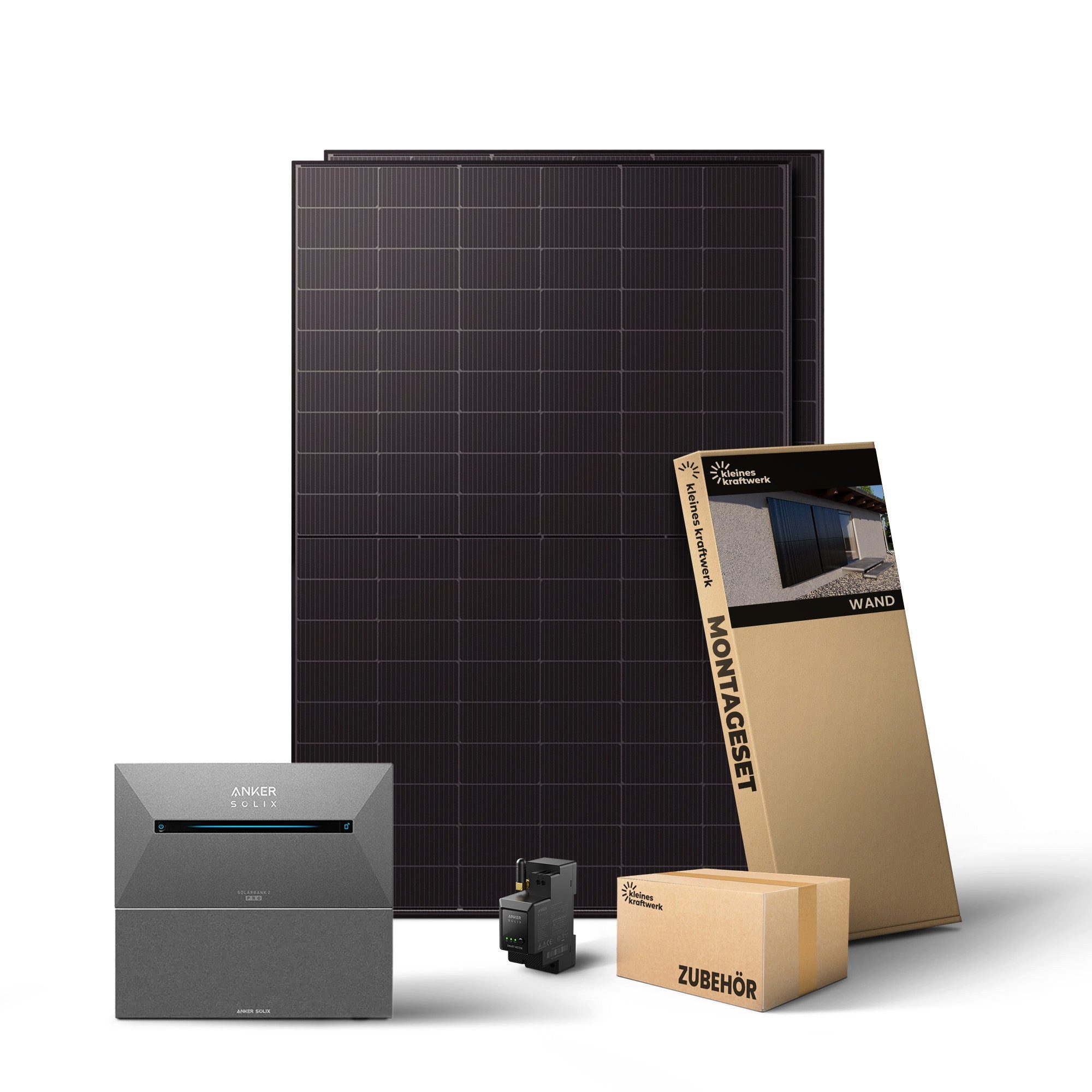 Kleines Kraftwerk Balkonkraftwerk Duo XL mit Speicher (Anker Solarbank 2 Pro), 1000 W, Monokristallin, (Wand, Solaranlage Komplettset mit Speicher), 2 x 500W, Anker Solarbank 2 Pro, Wechselrichter