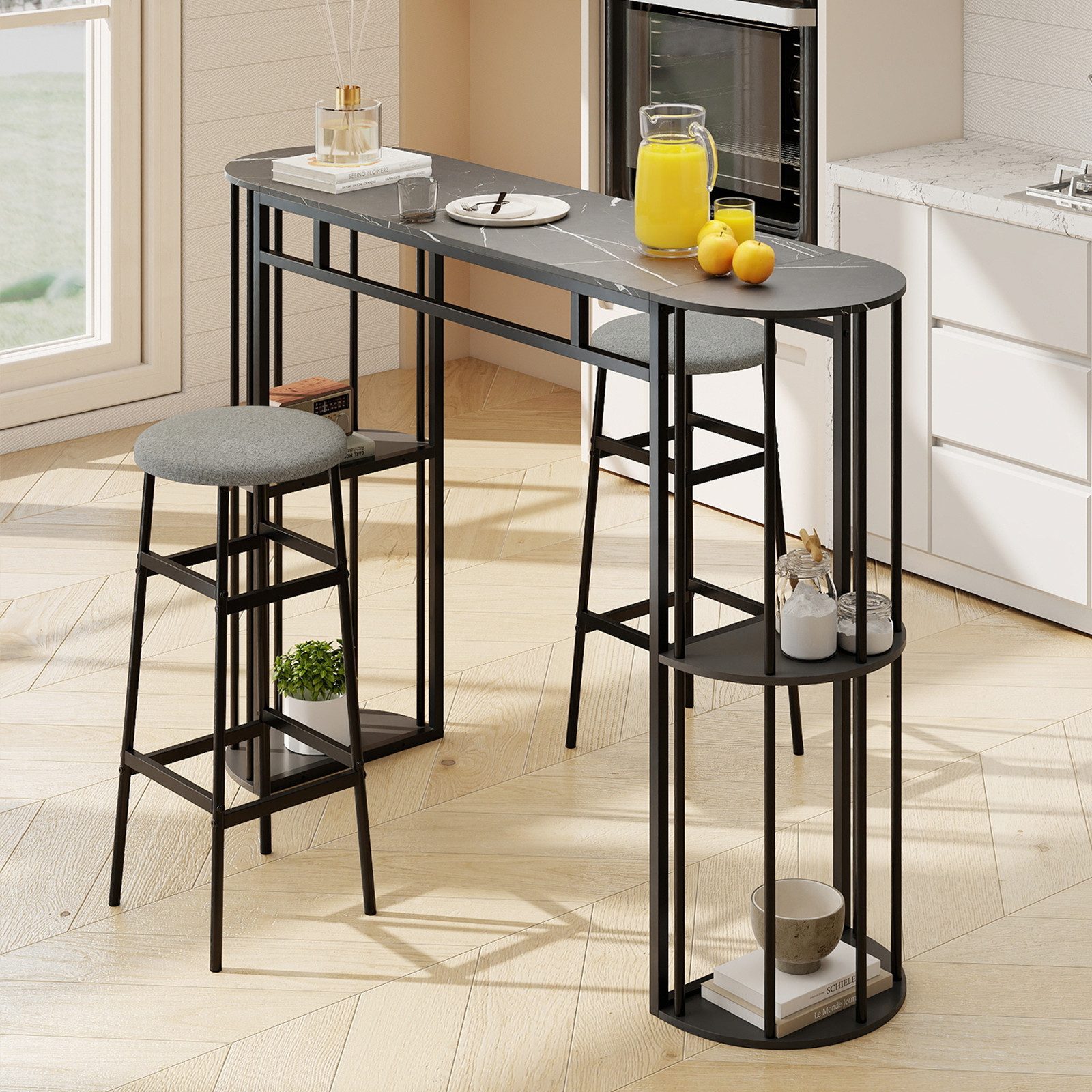 COSTWAY Bartisch, Küche mit 4 halbrunde Regale, 150cm Stehtisch Marmor Metall