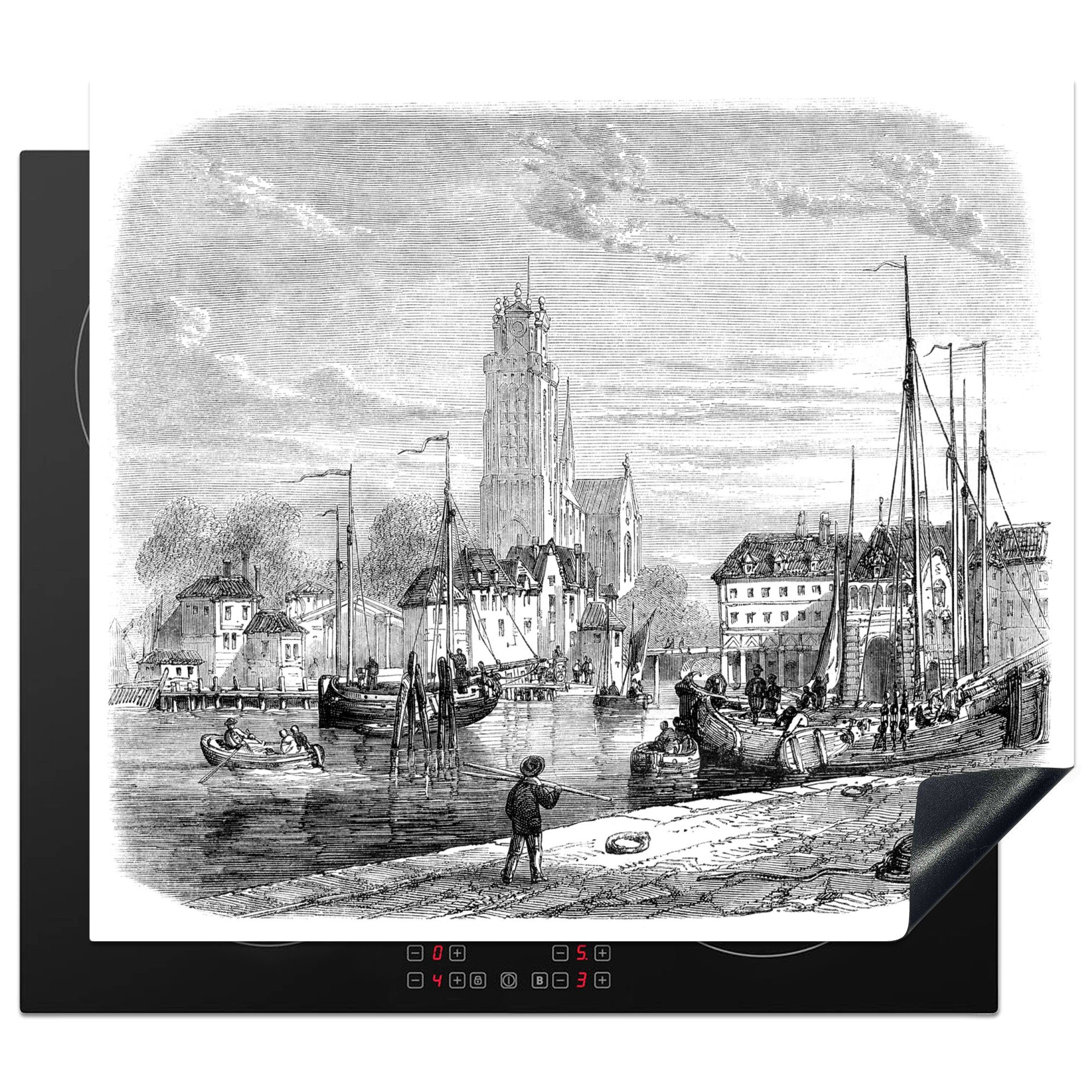 MuchoWow Herdblende-/Abdeckplatte Eine antike Schwarz-Weiß-Abbildung von Dordrecht, Vinyl, (1 tlg), 60x52 cm, Mobile Arbeitsfläche nutzbar, Ceranfeldabdeckung