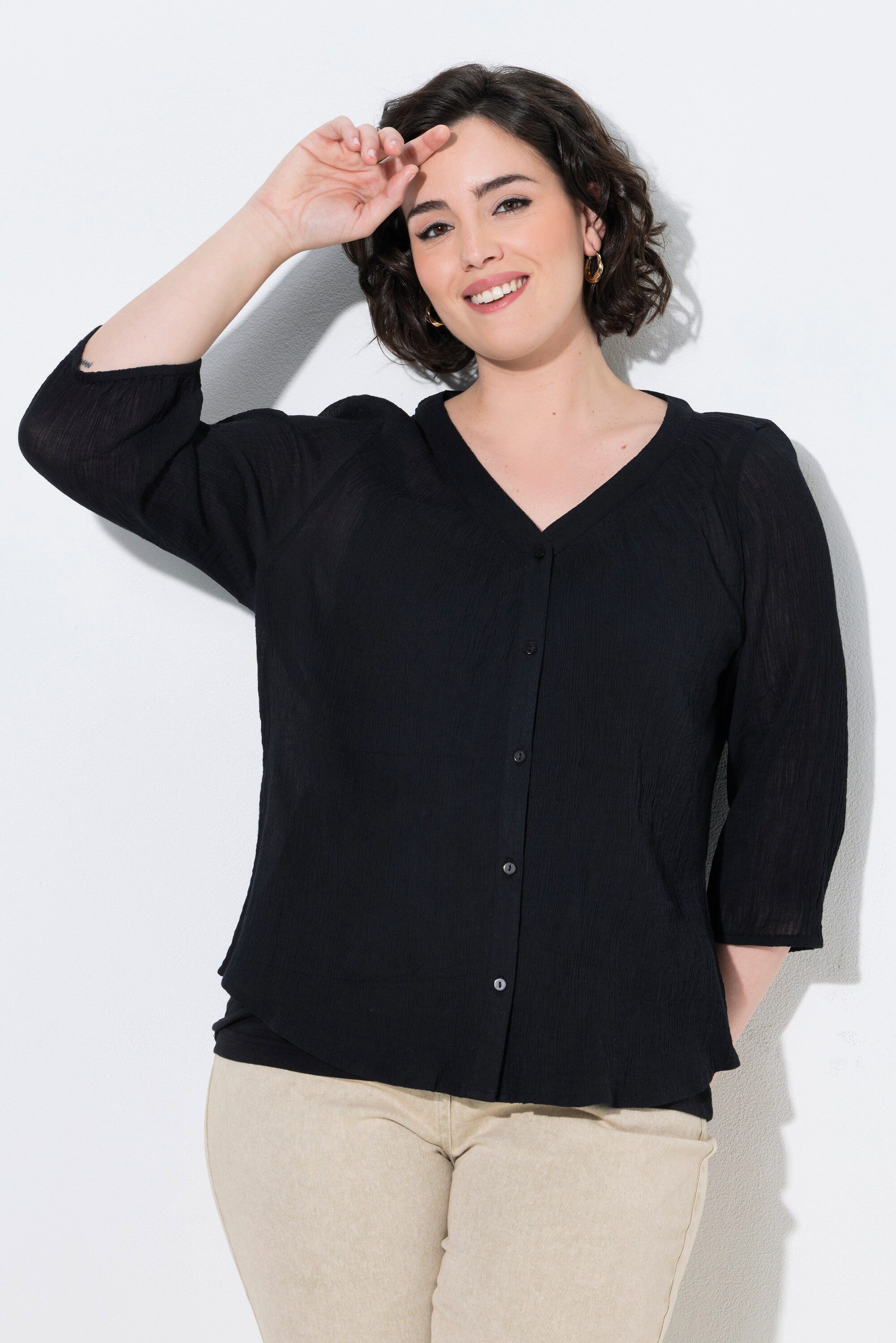 Ulla Popken Longbluse Bluse A-Linie geraffter V-Ausschnitt 3/4-Arm