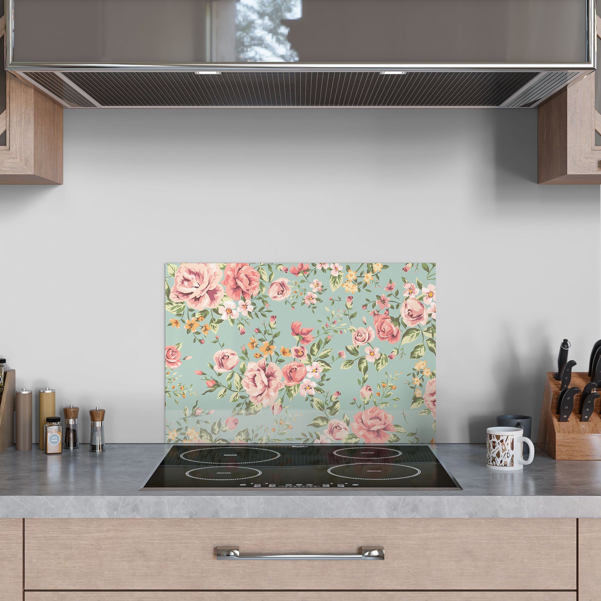 Herdblende Glas mit DEQORI Spritzschutz Küchenrückwand 'Tapete Blumenmuster', Badrückwand