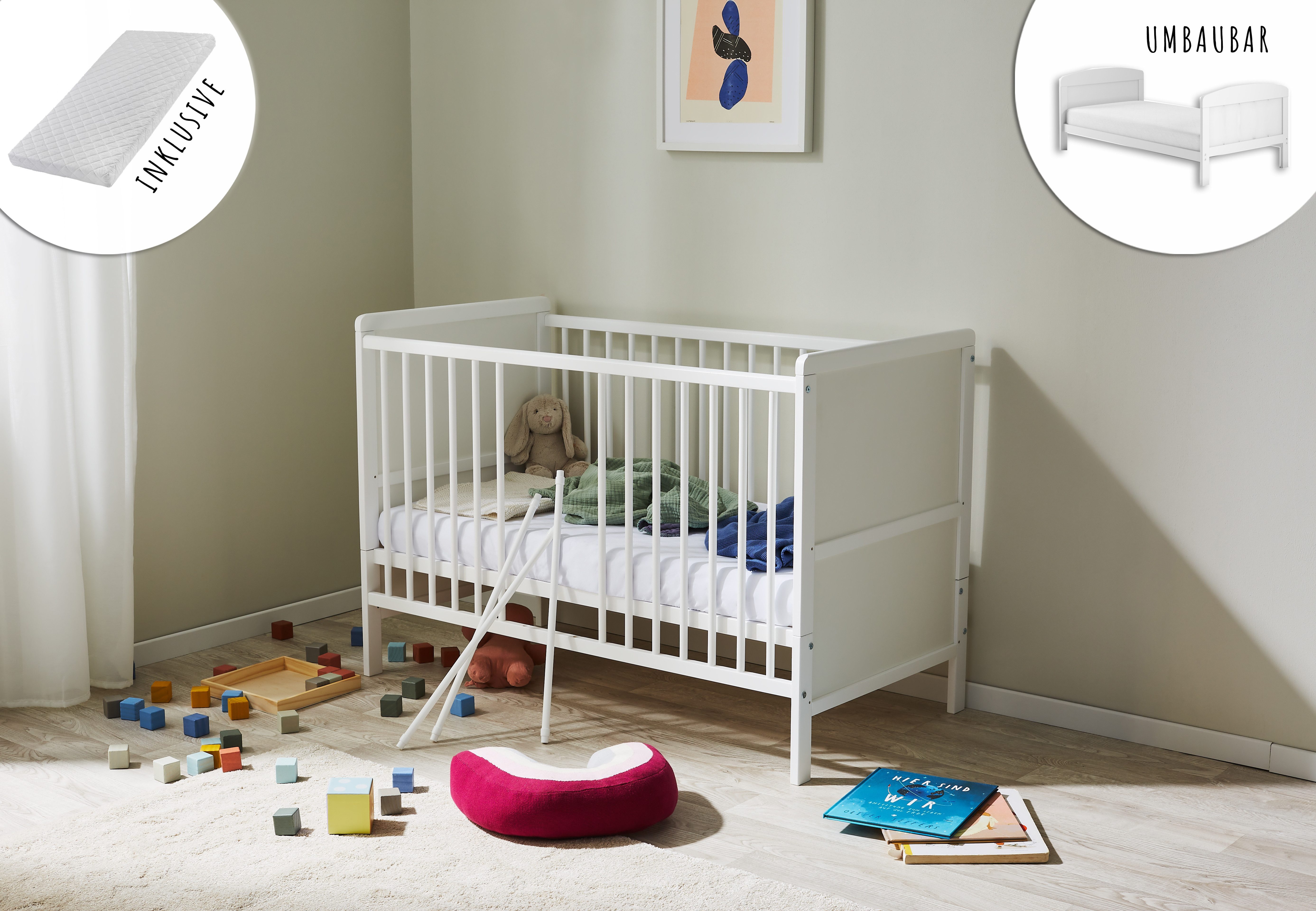 Babybett umbaubar zu Kinderbett 60x120 cm mit Matratze und Lattenrost