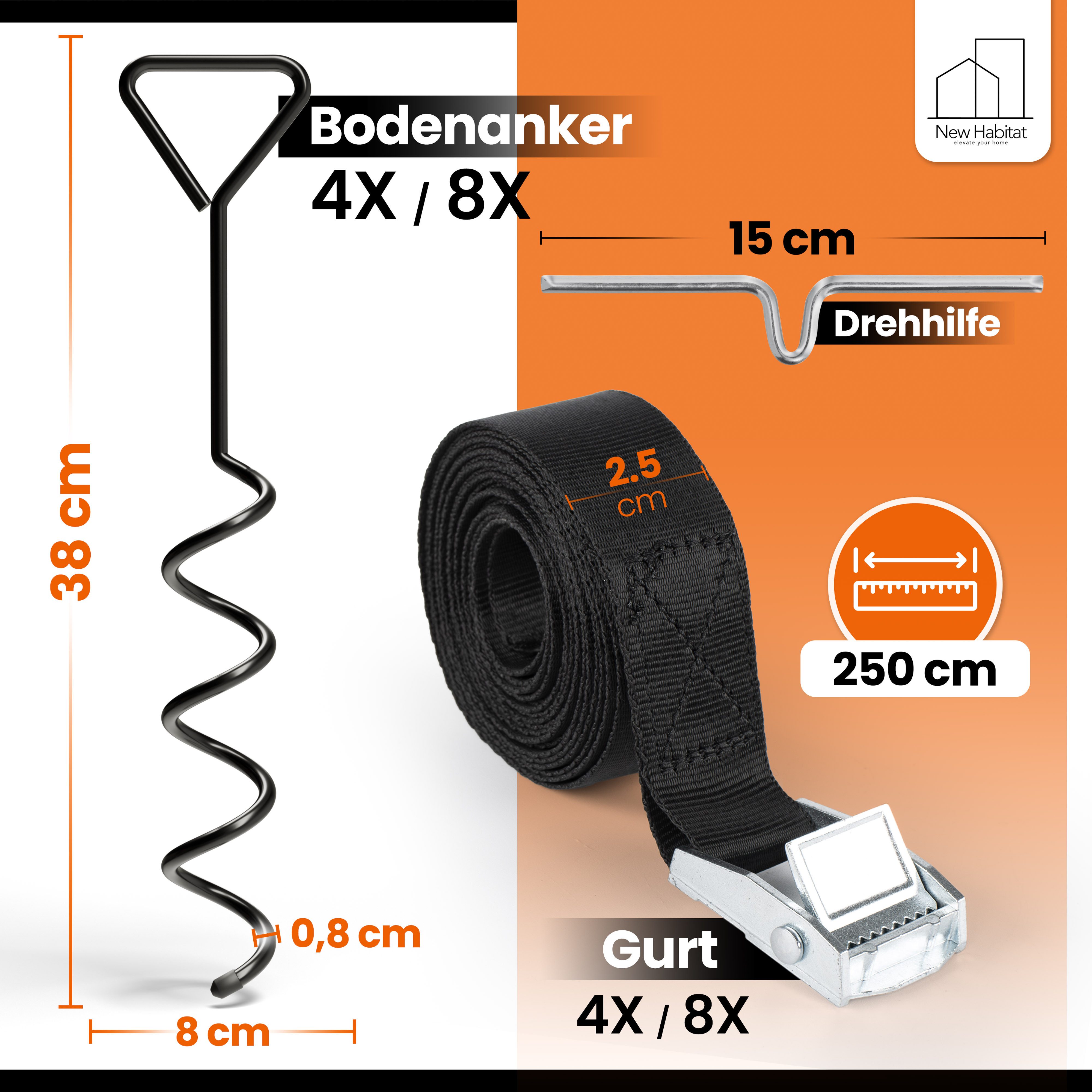 NewHabitat Bodenanker Erdanker zum Eindrehen, 38cm, für Trampolin-Sicherung I inkl Gurte, für Trampolin, Schaukel, Pavillion, Festzelt uvm., zum Eindrehen, (Kompletteset, 4-St., inkl. Drehhilfe), Einfaches Eindrehen mit Drehhilfe