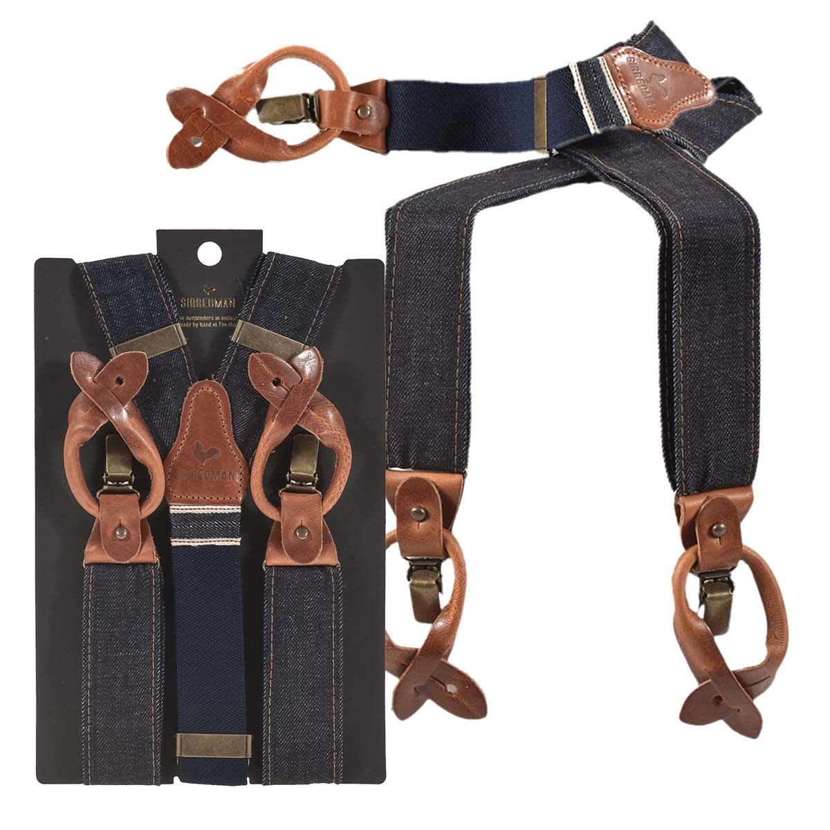 Sir Redman Подтяжки "Candiani" Denim Holländer Y-Form, 35mm Trägerbreite, 130cm lang, blau mit cognac