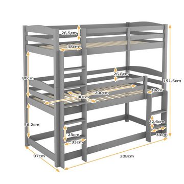 Merax Hochbett 90x200 cm mit drei Ligeflächen, Kinderbett Kiefer mit Leiter Etagenbett verwandelbar mit Rausfallschutz, 3 Stk. Einzelbett