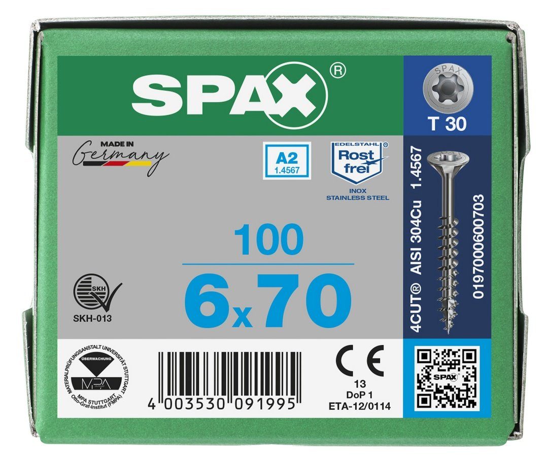 SPAX Spanplattenschraube Edelstahlschraube, mm A2, 6x70 (Edelstahl 100 St)