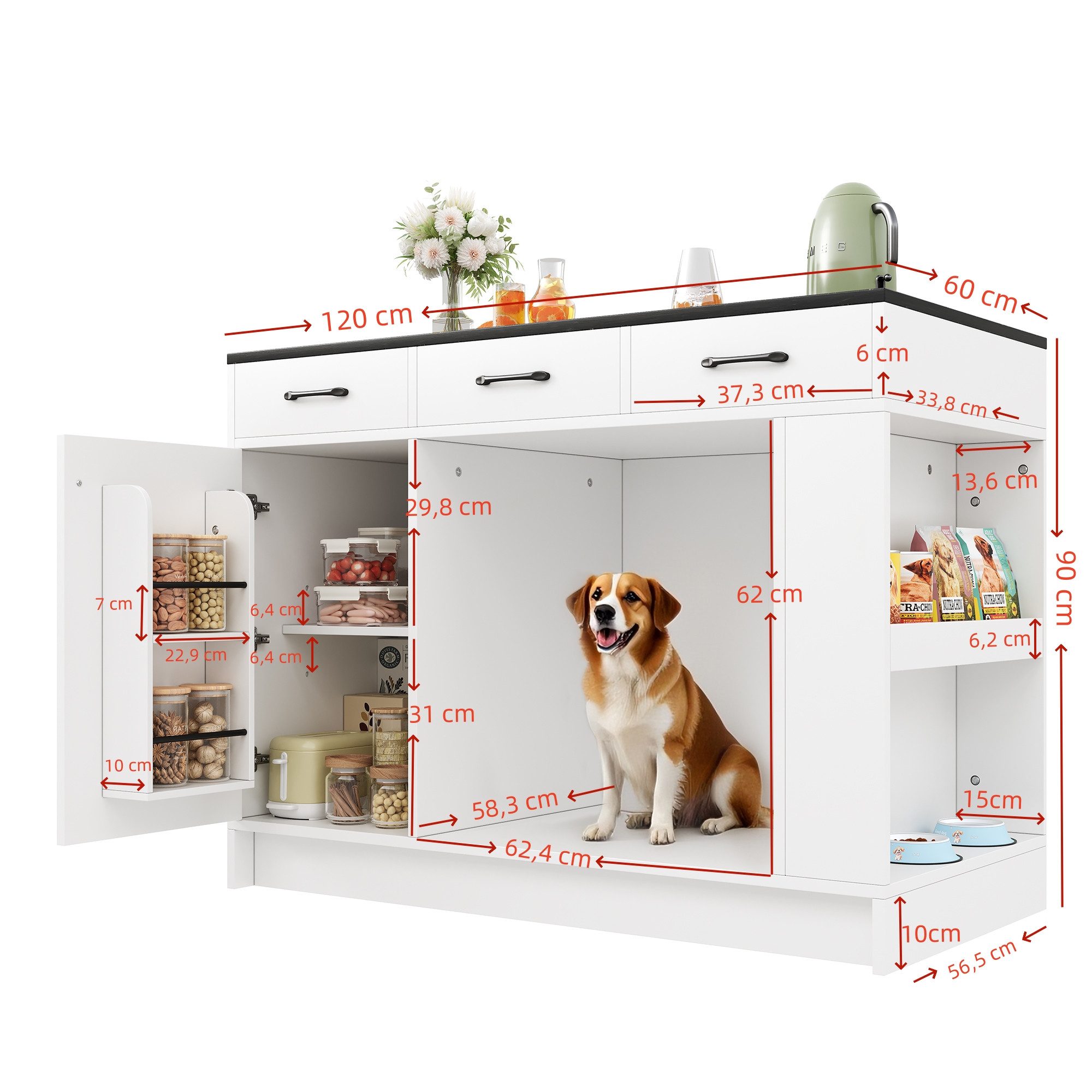 Ulife Kücheninsel Schrank mit 3 Schubladen, 1 Gewürzablage,120*60*90 cm, grau, Regulierbarer Regalboden, geräumiger Haustieraufbewahrungsbereich